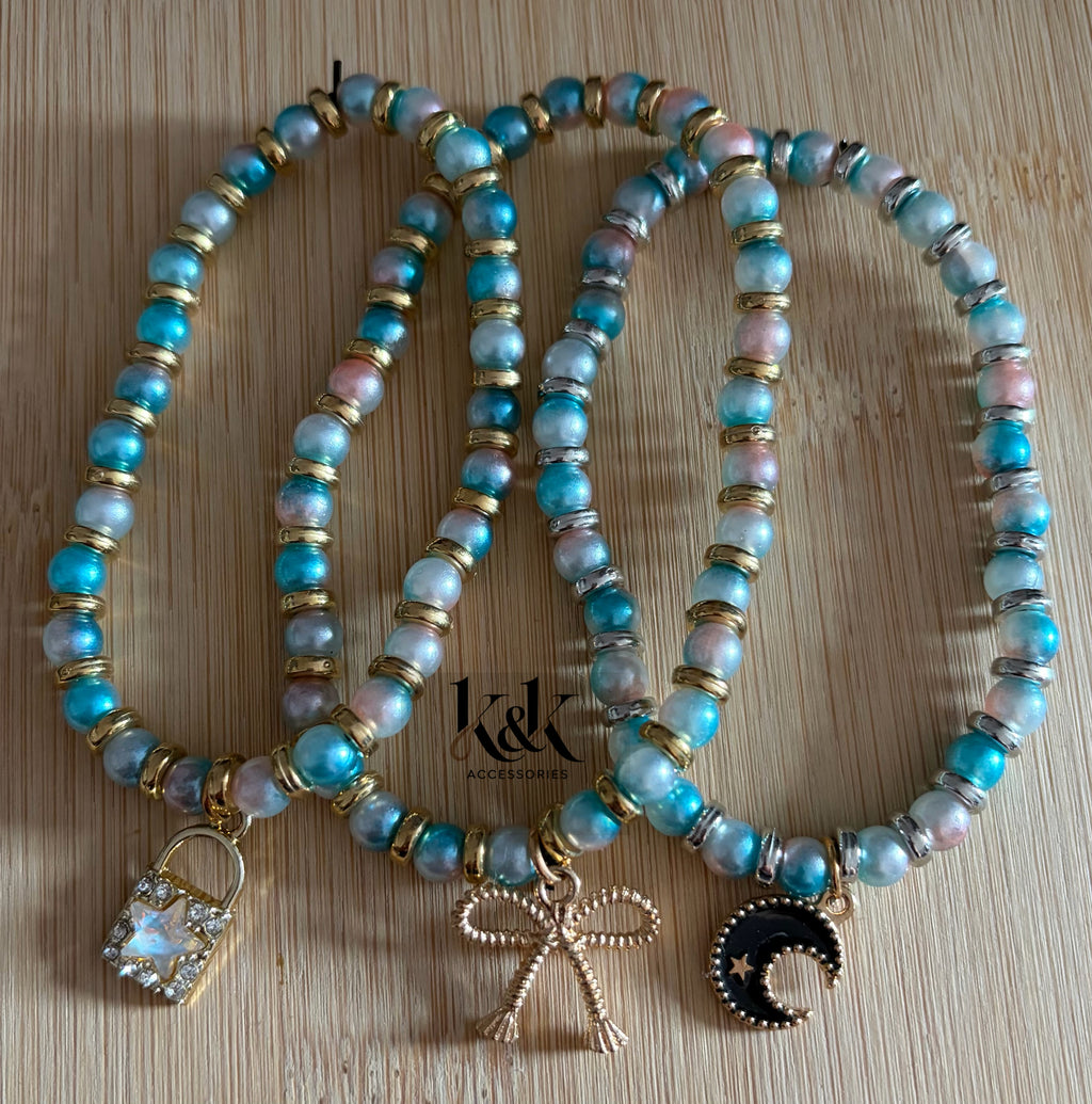 Turquoise & Pink Pearl Bracelet with Charm