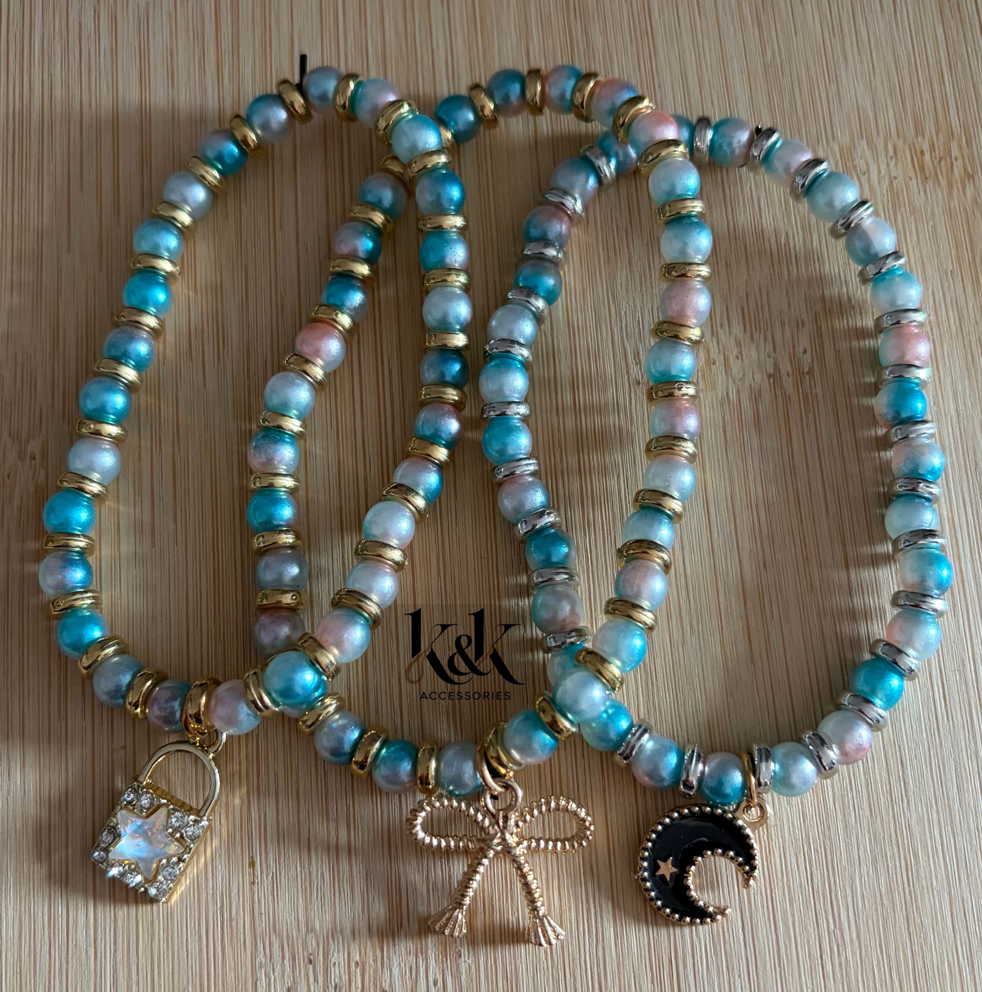 Turquoise & Pink Pearl Bracelet with Charm
