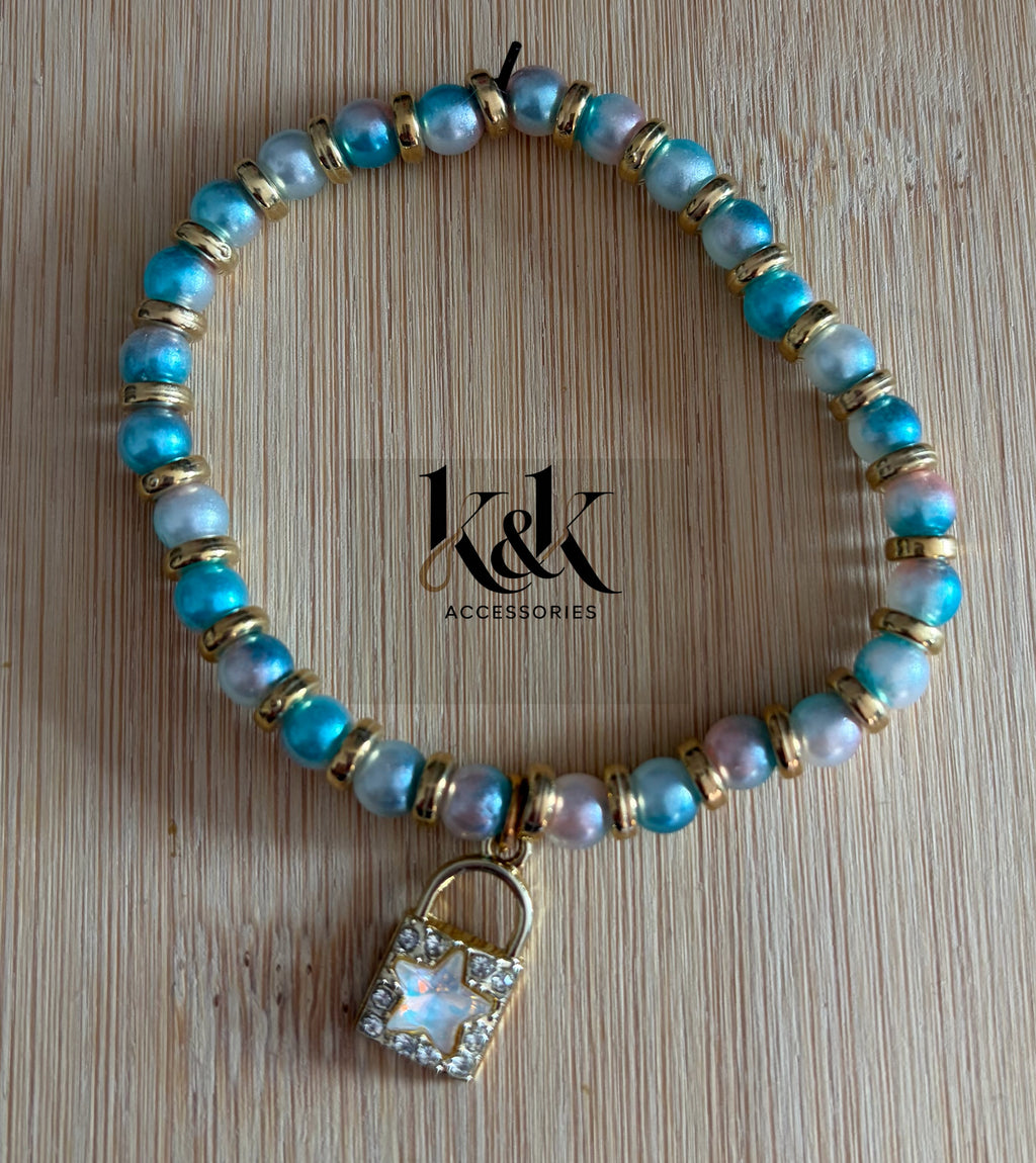 Turquoise & Pink Pearl Bracelet with Charm
