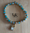 Turquoise & Pink Pearl Bracelet with Charm