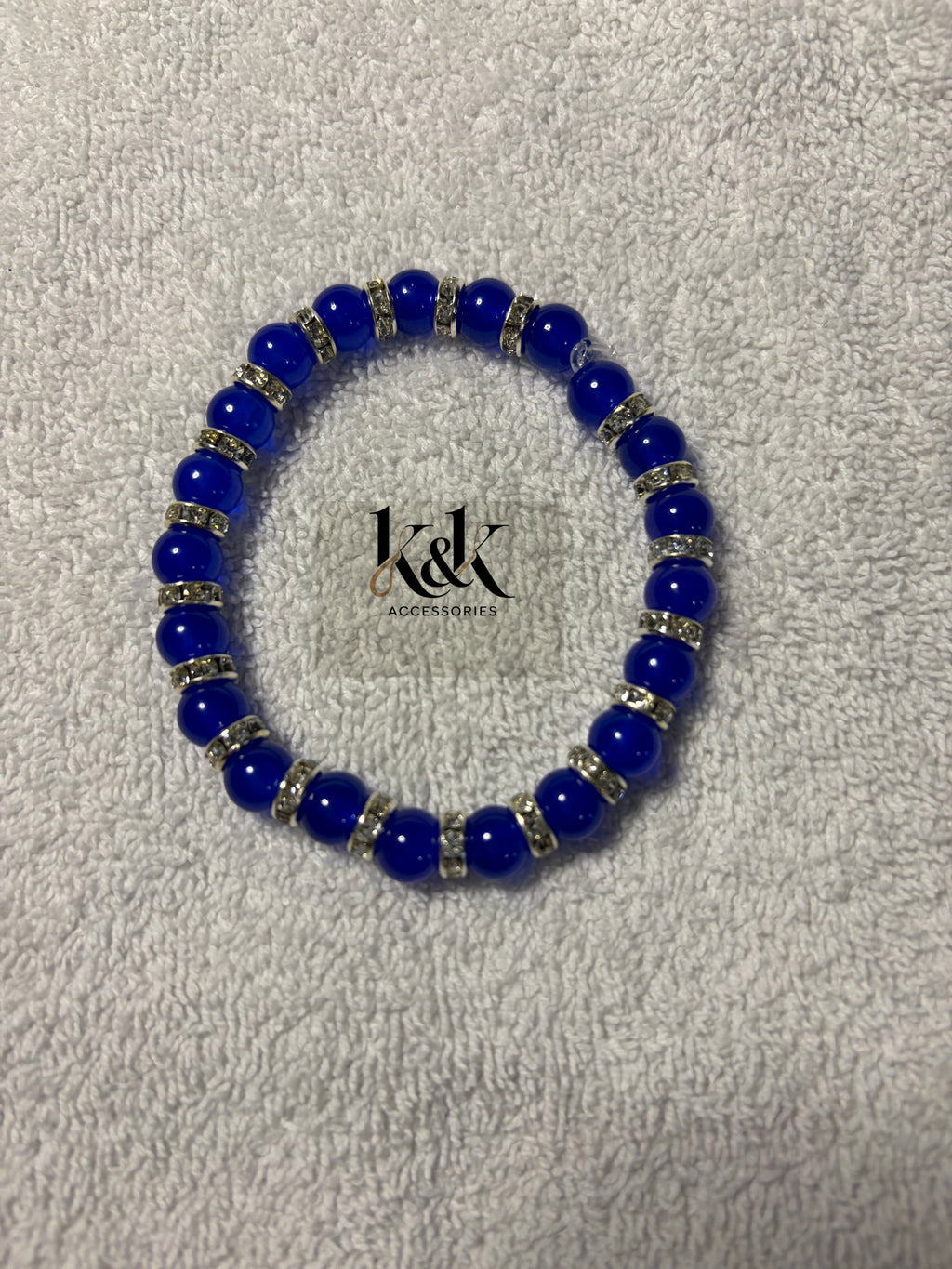 Royal Blue Bracelet with Silver Rhinestone Spacers - Elastic Beaded Jewellery