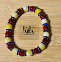 Red, Yellow & Cream Beaded Bracelet with Blue Rhinestone Spacers