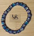 Blue, Purple & Clear Crackle Glass Bracelet with Blue Rhinestone Spacers