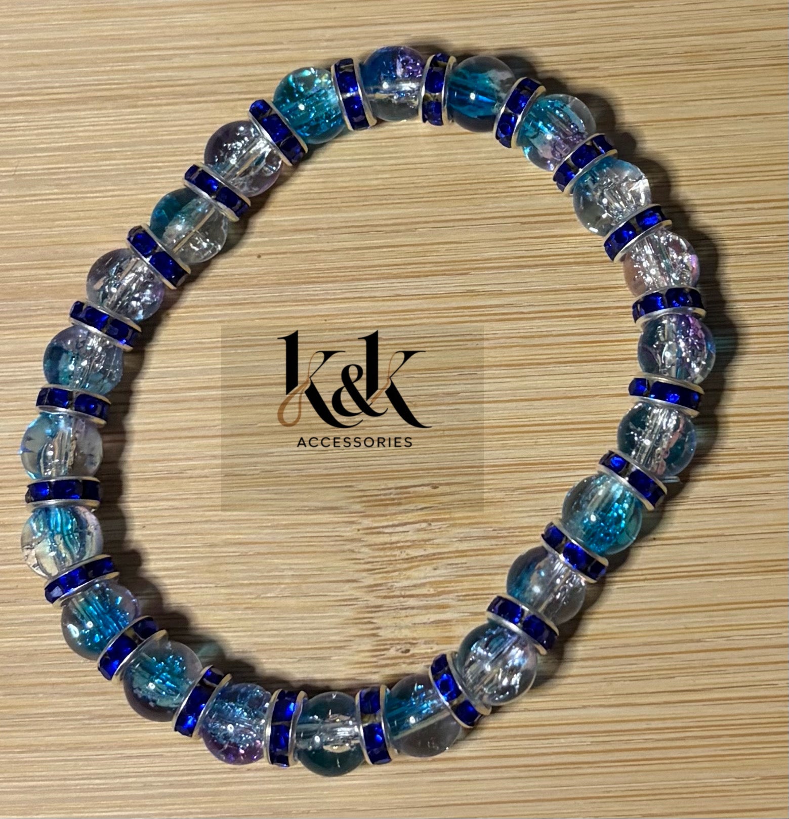 Blue, Purple & Clear Crackle Glass Bracelet with Blue Rhinestone Spacers