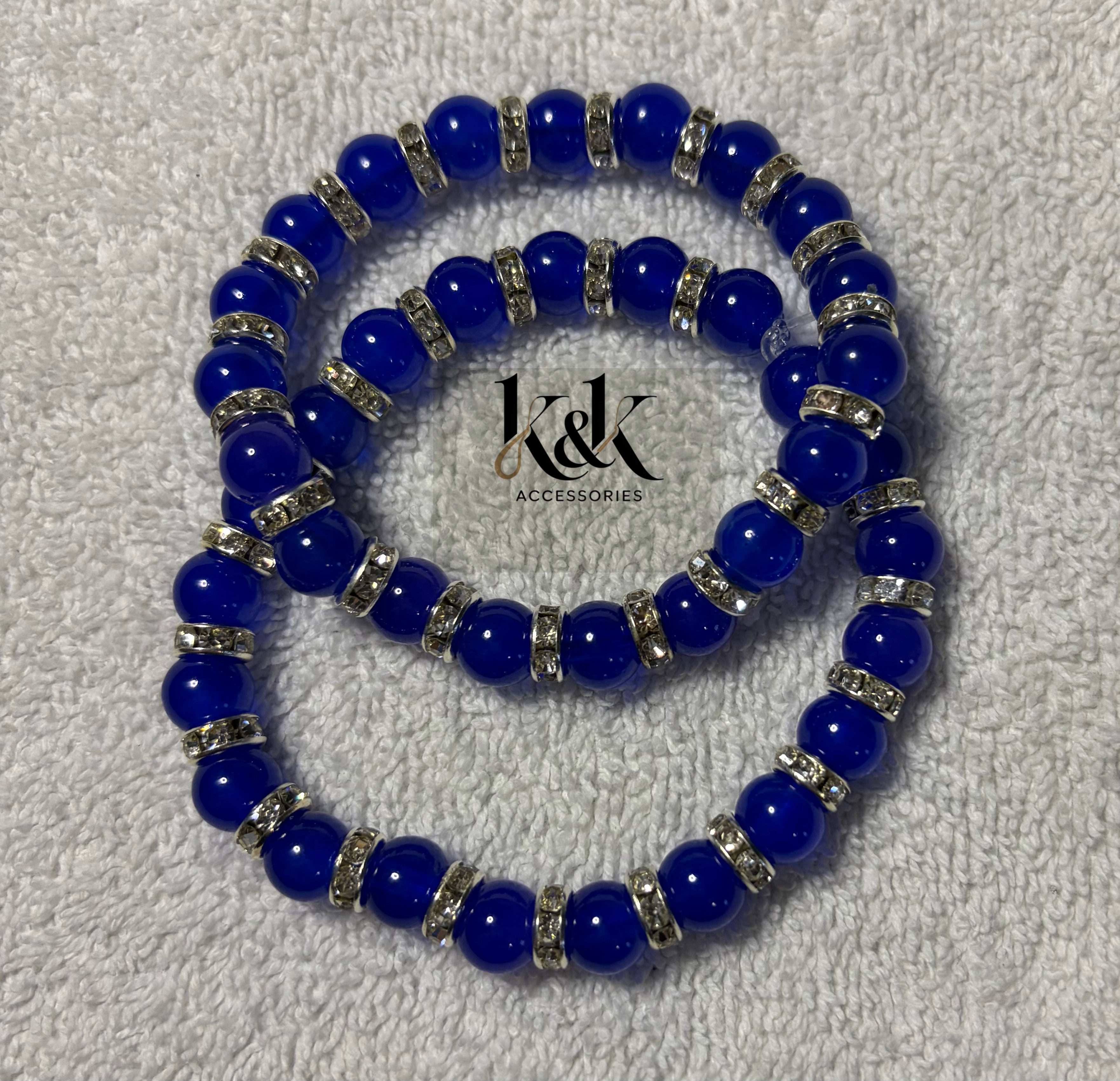 Royal Blue Bracelet with Silver Rhinestone Spacers - Elastic Beaded Jewellery