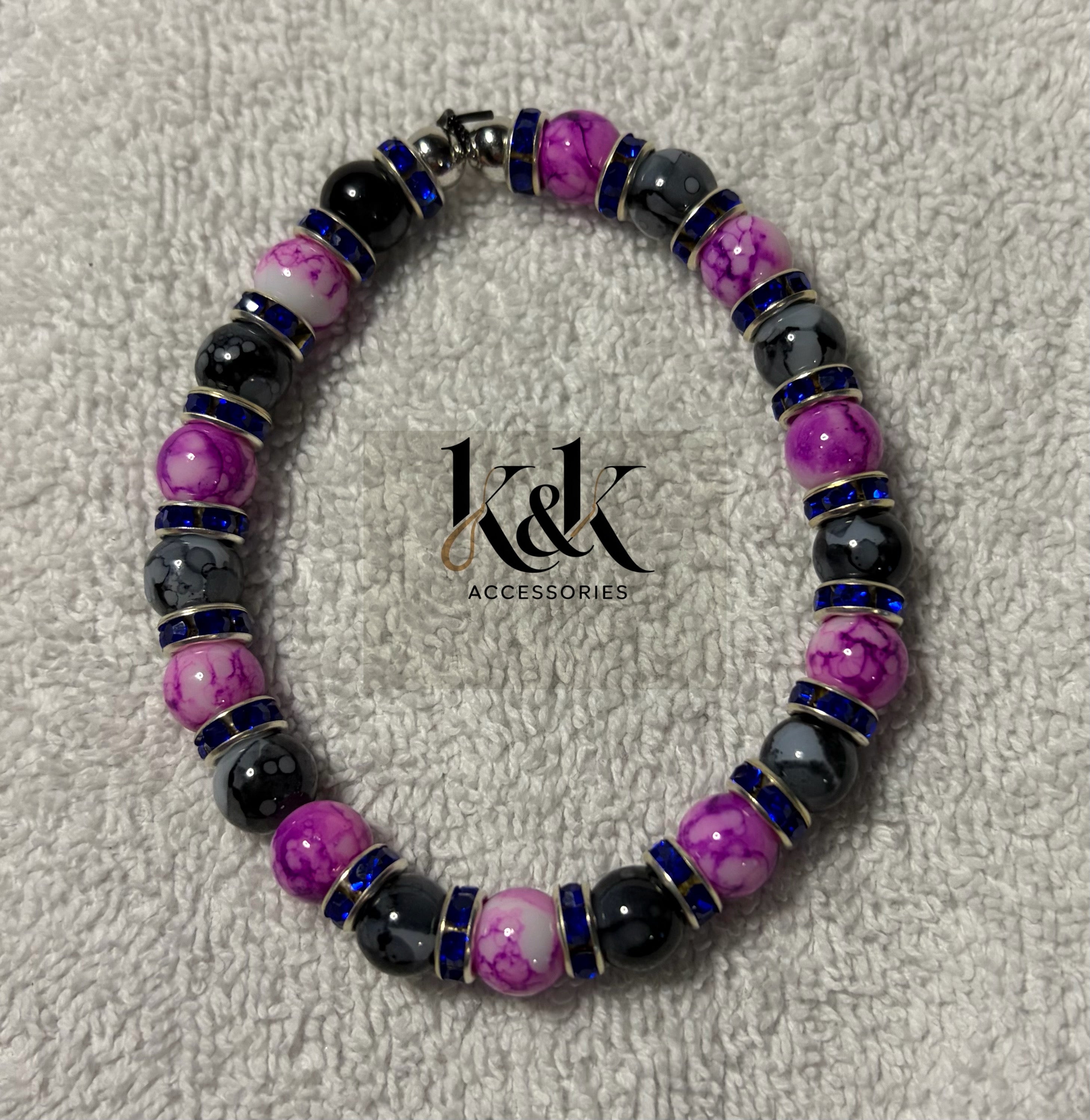 Purple & Black Marbled Bracelet with Blue Rhinestone Spacers - Handmade Beaded Jewellery