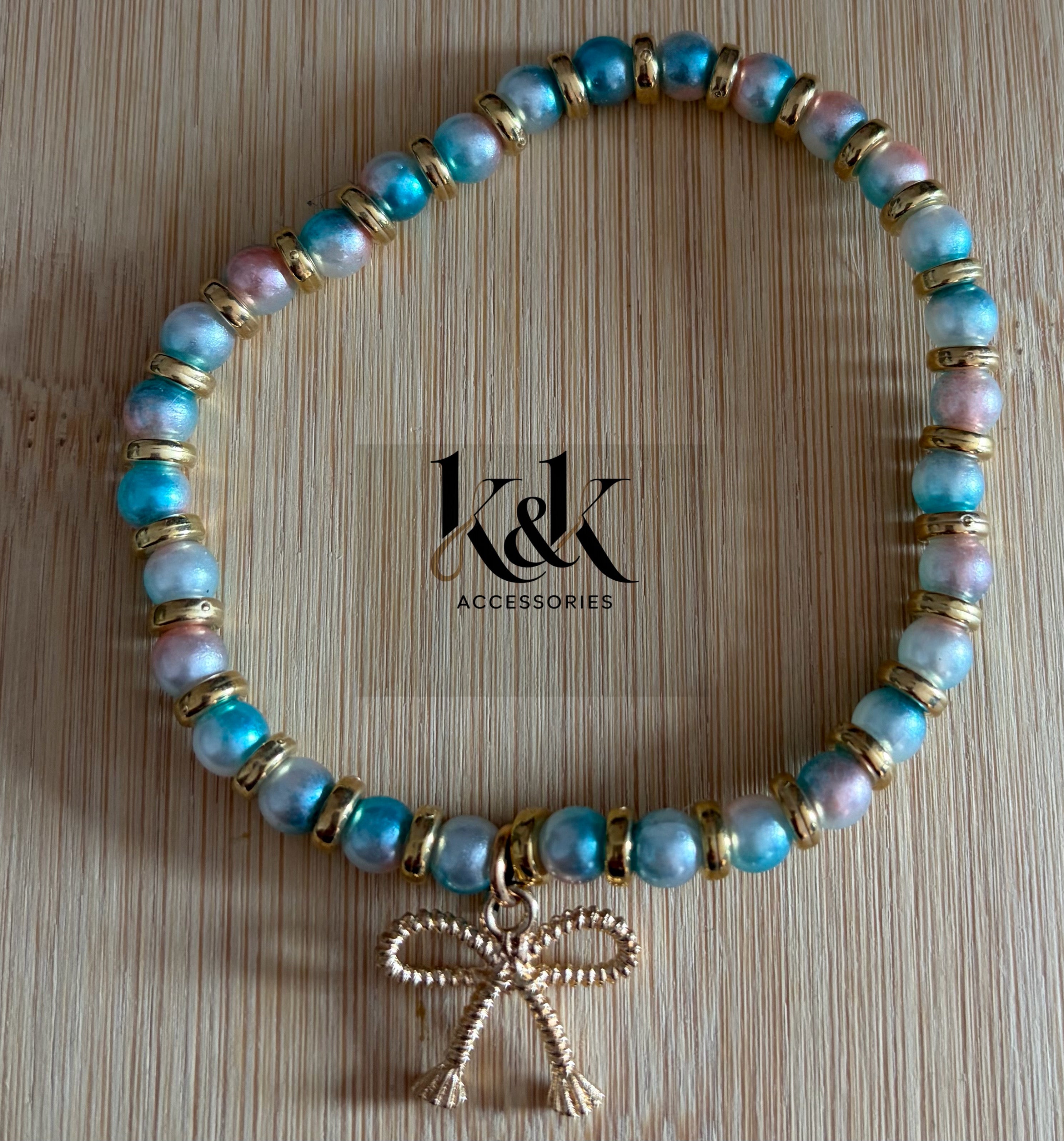 Turquoise & Pink Pearl Bracelet with Charm
