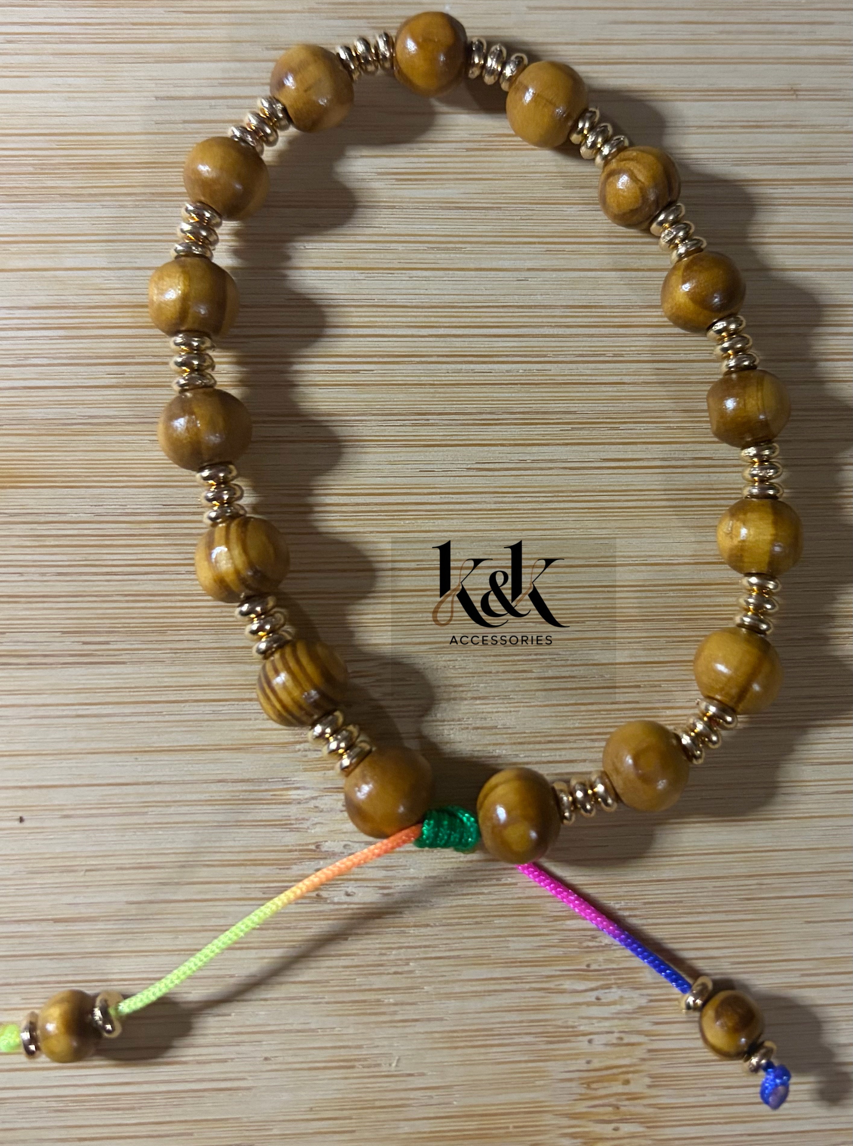 Tiger's Eye & Gold Spacer Bracelet with Rainbow Cord - Adjustable