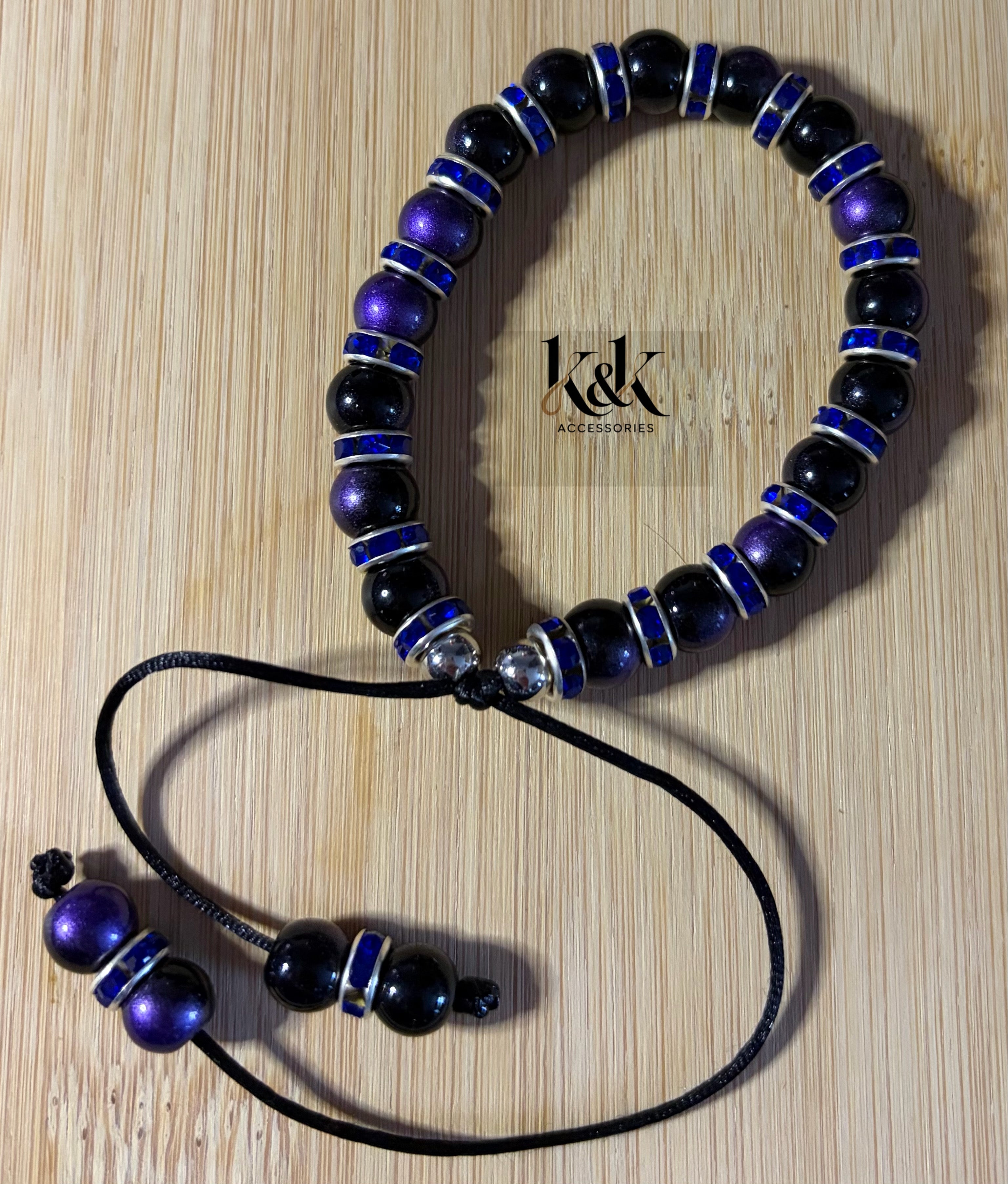 Black & Purple Bracelet with Blue Rhinestone Spacers
