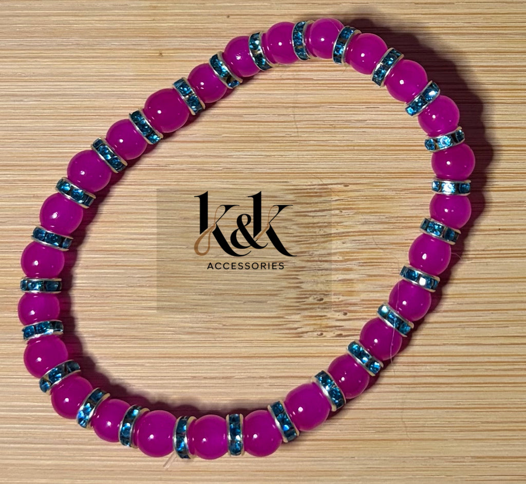 Hot Pink Beaded Bracelet with Turquoise Rhinestone Spacers