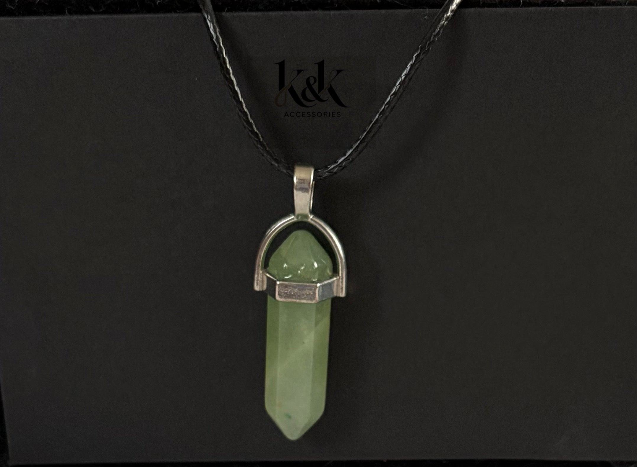 Green Aventurine Crystal Pendant Necklace on Black Cord