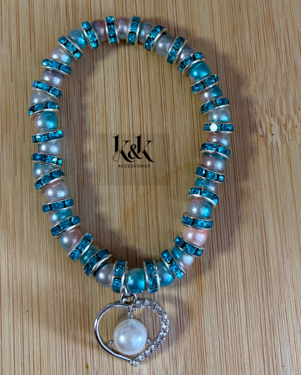 Pearl & Turquoise Rhinestone Bracelet with Charm