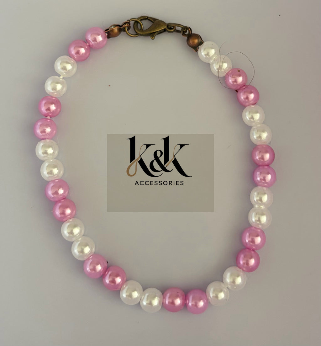 Handmade Pearl Bracelet - Pink & White with Bronze Clasp