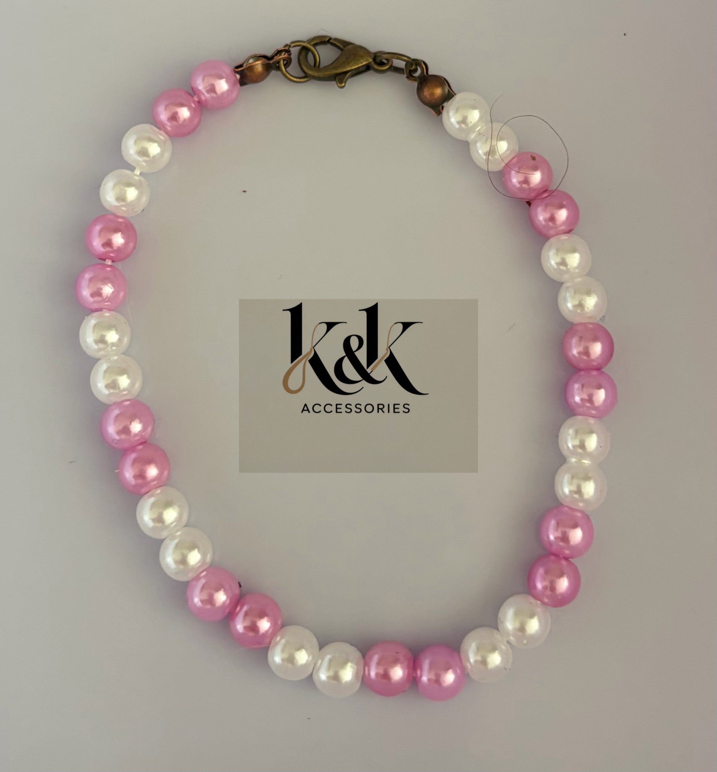 Handmade Pearl Bracelet - Pink & White with Bronze Clasp
