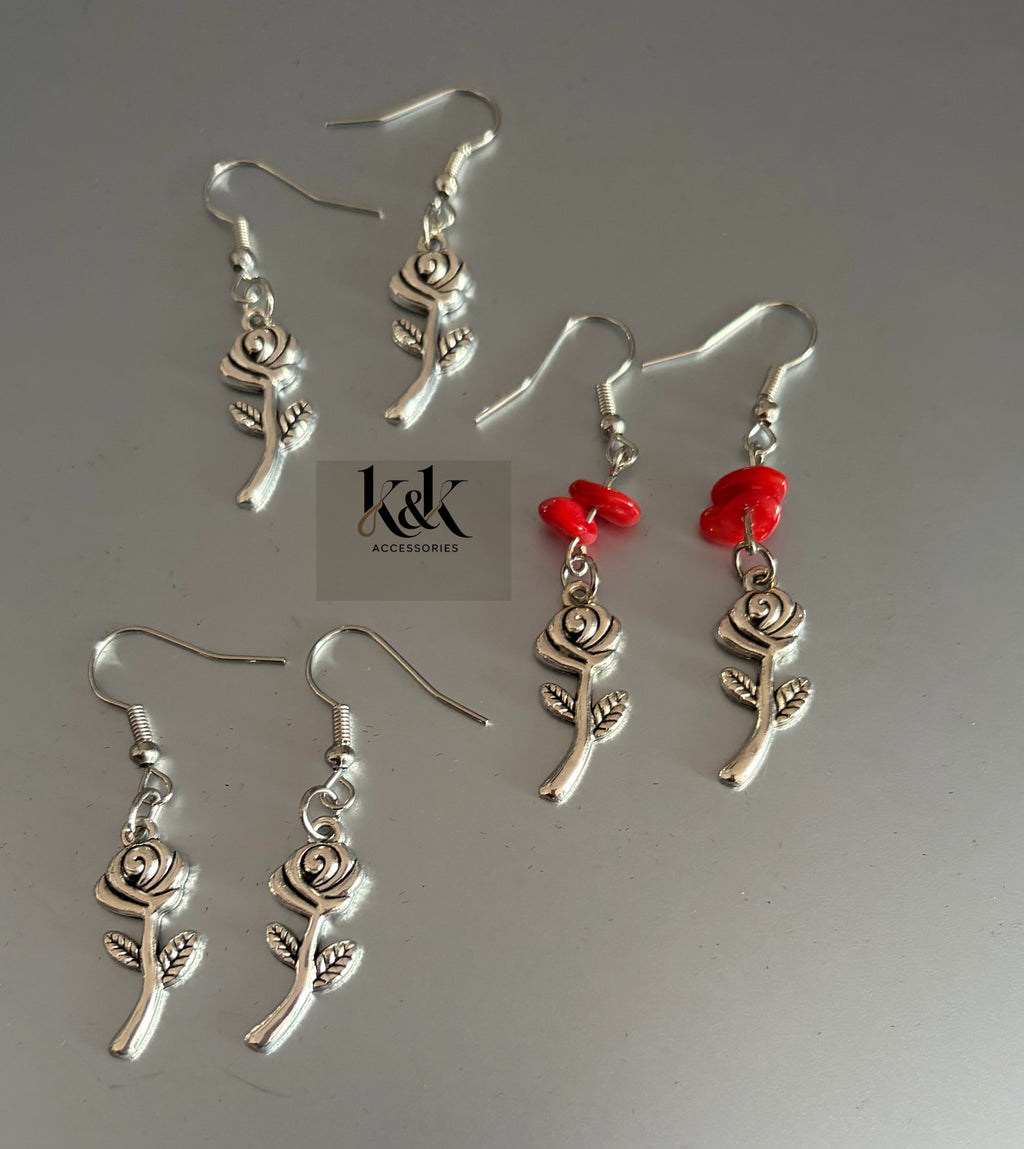 Silver Rose Earrings - Romantic Dangle Earrings with Optional Coral Beads
