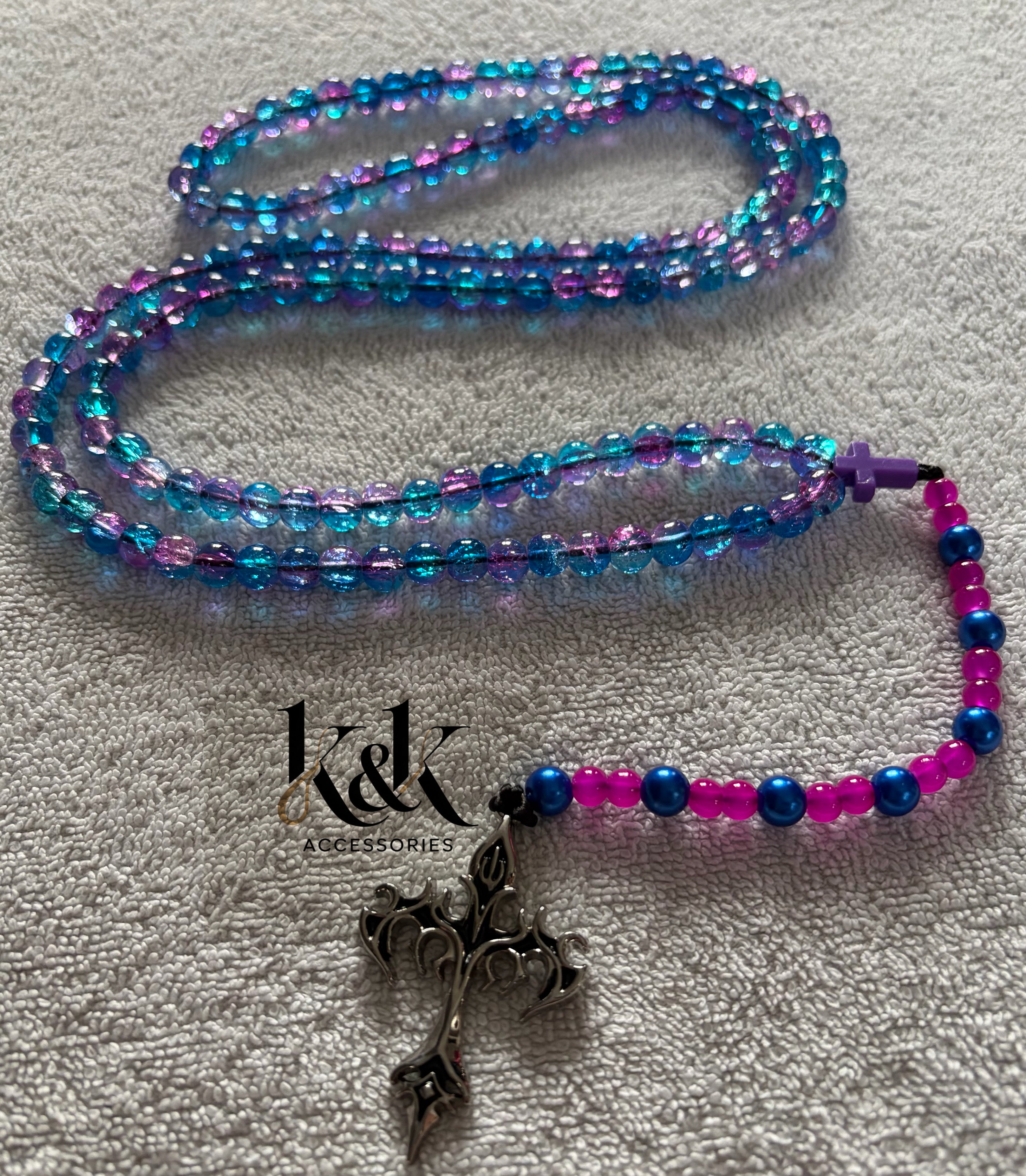 Pink, Purple & Blue Rosary Beads with Cross