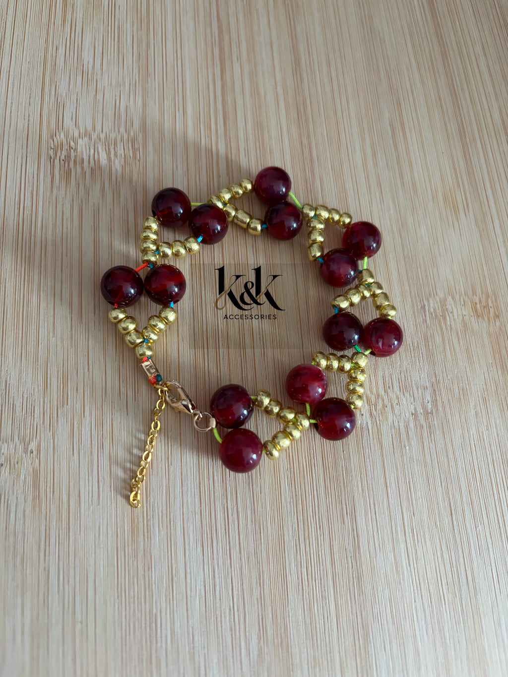 Deep Red Gemstone & Gold Bead Bracelet