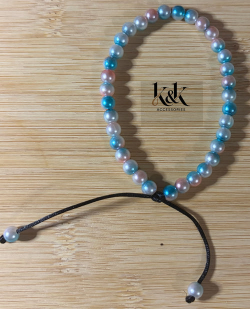 Blue & White Iridescent Pearl Bracelet with Peach Tints - Adjustable