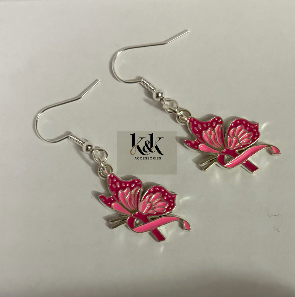 Butterfly Pink Ribbon Breast Cancer Awareness Earrings