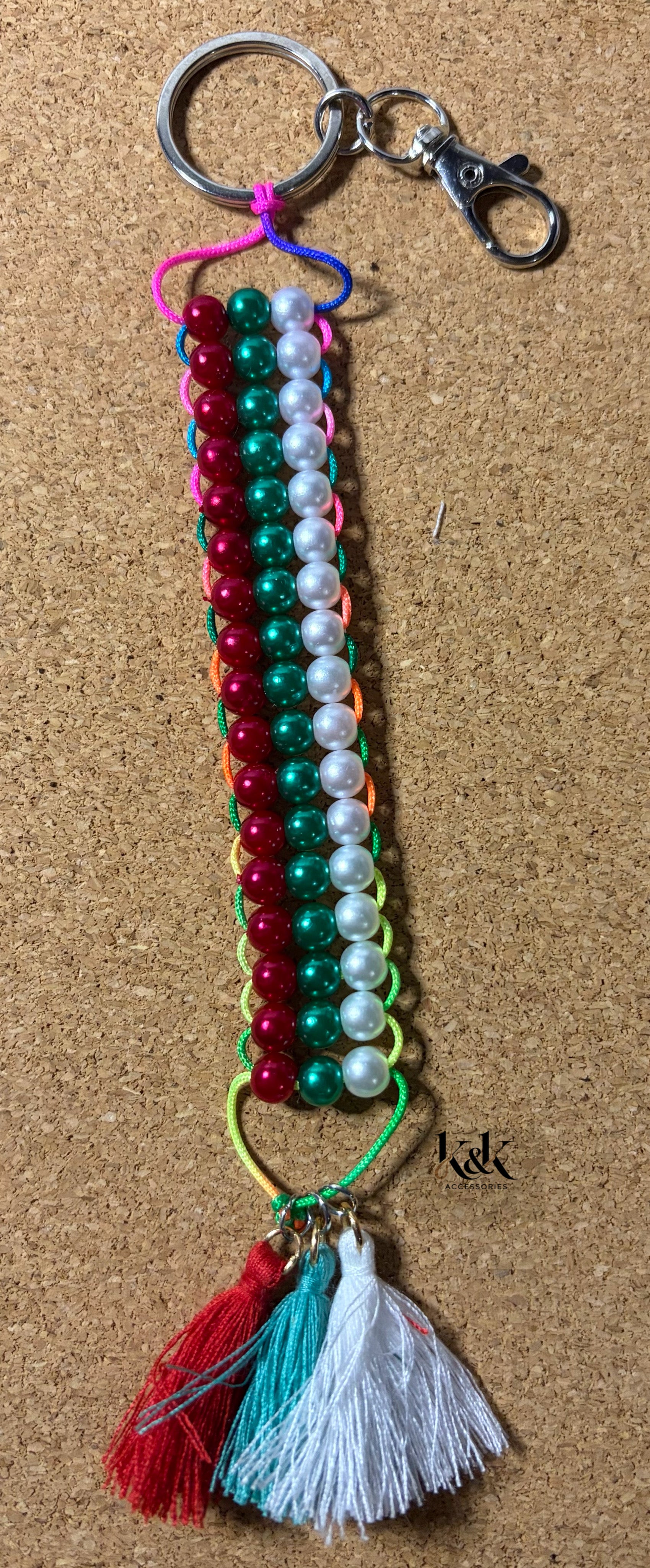 Handmade Beaded Keychain with Tassels - Red, Green & White - K & K Handmade Accessories