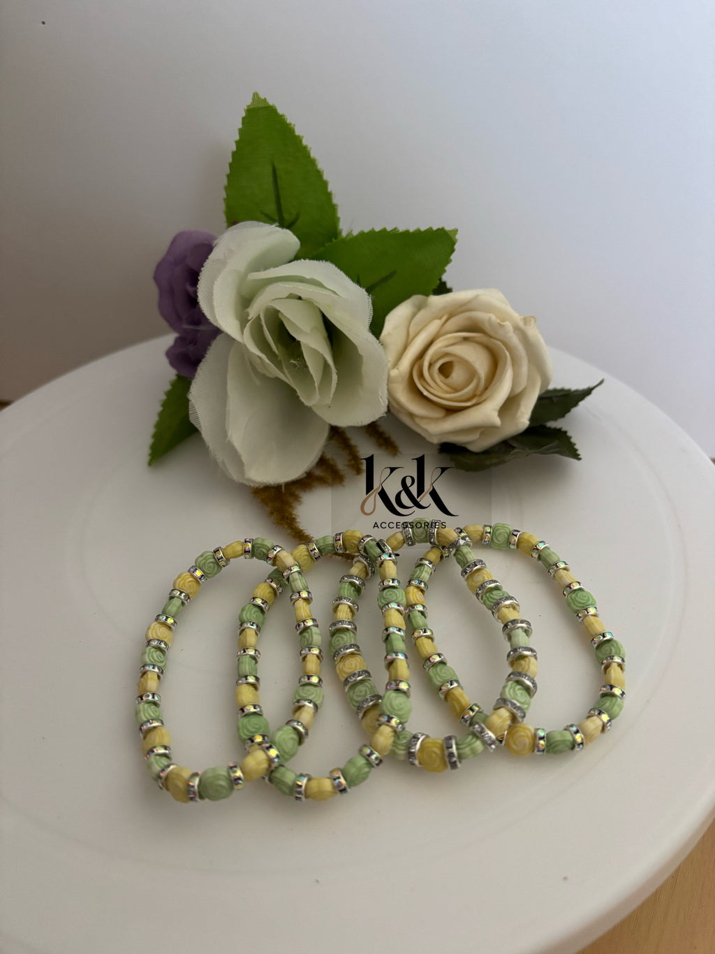 Rose Bead & Silver Rhinestone Bracelet