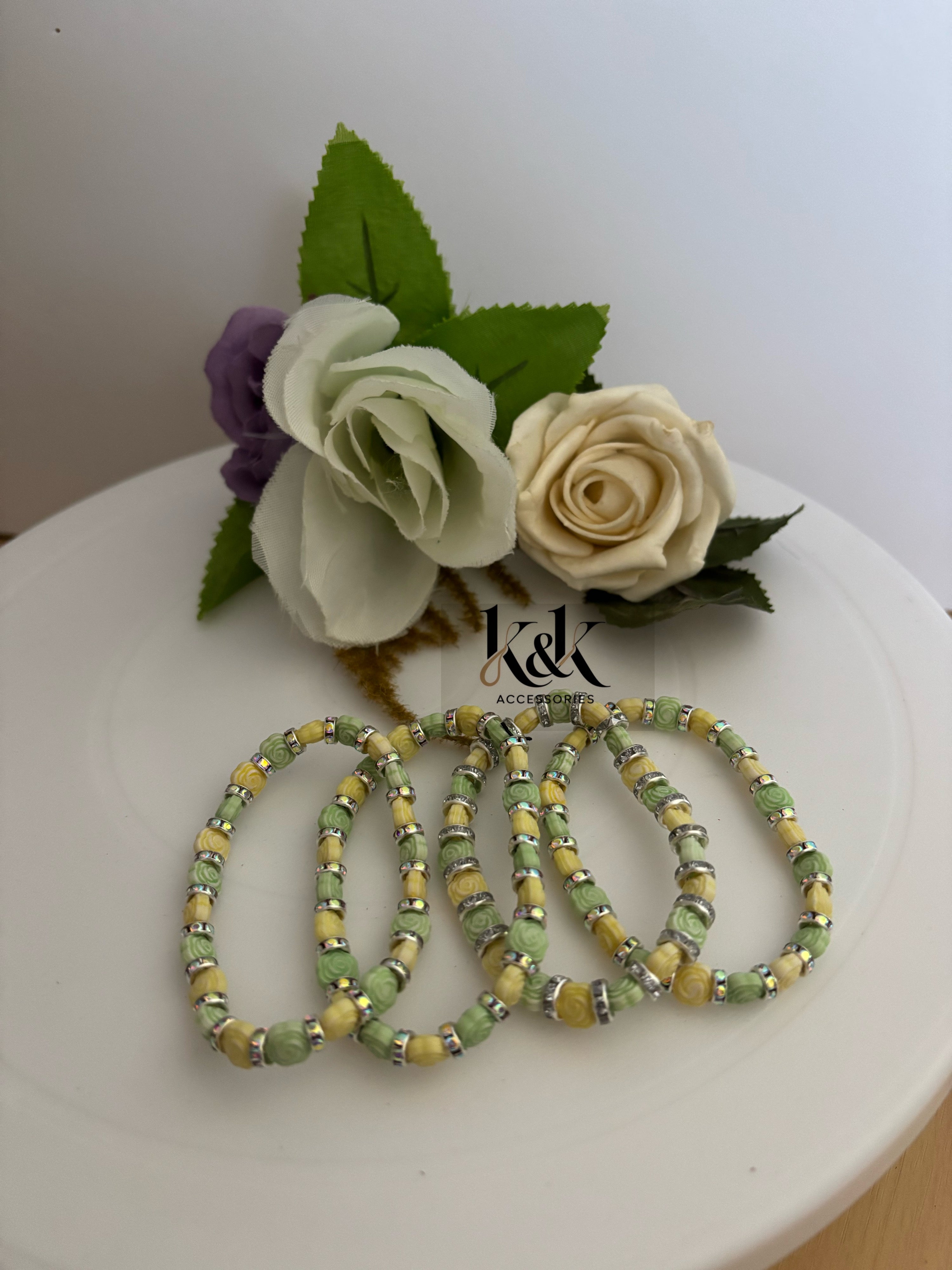 Rose Bead & Silver Rhinestone Bracelet