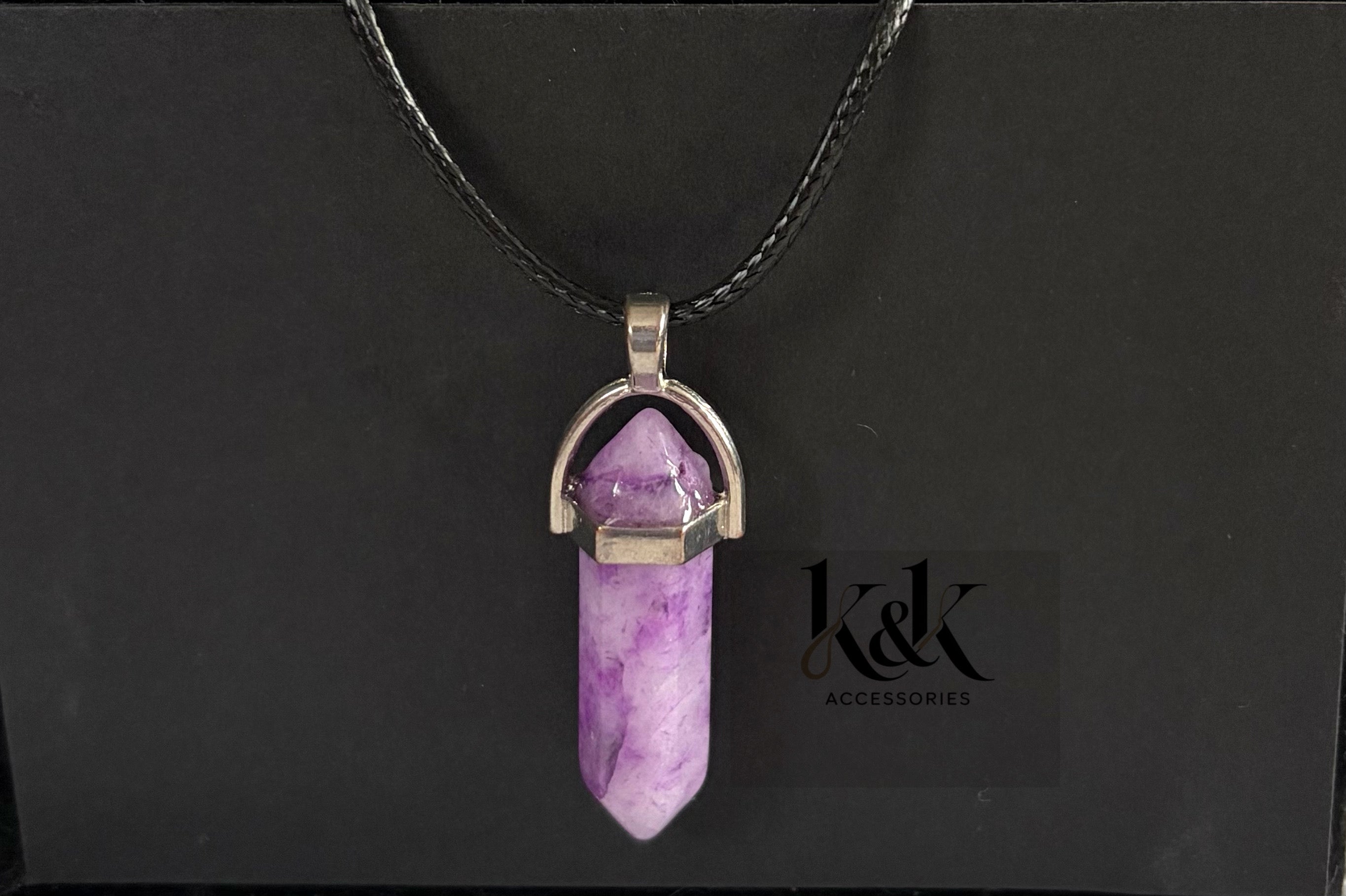 Amethyst Crystal Pendant Necklace on Black Cord