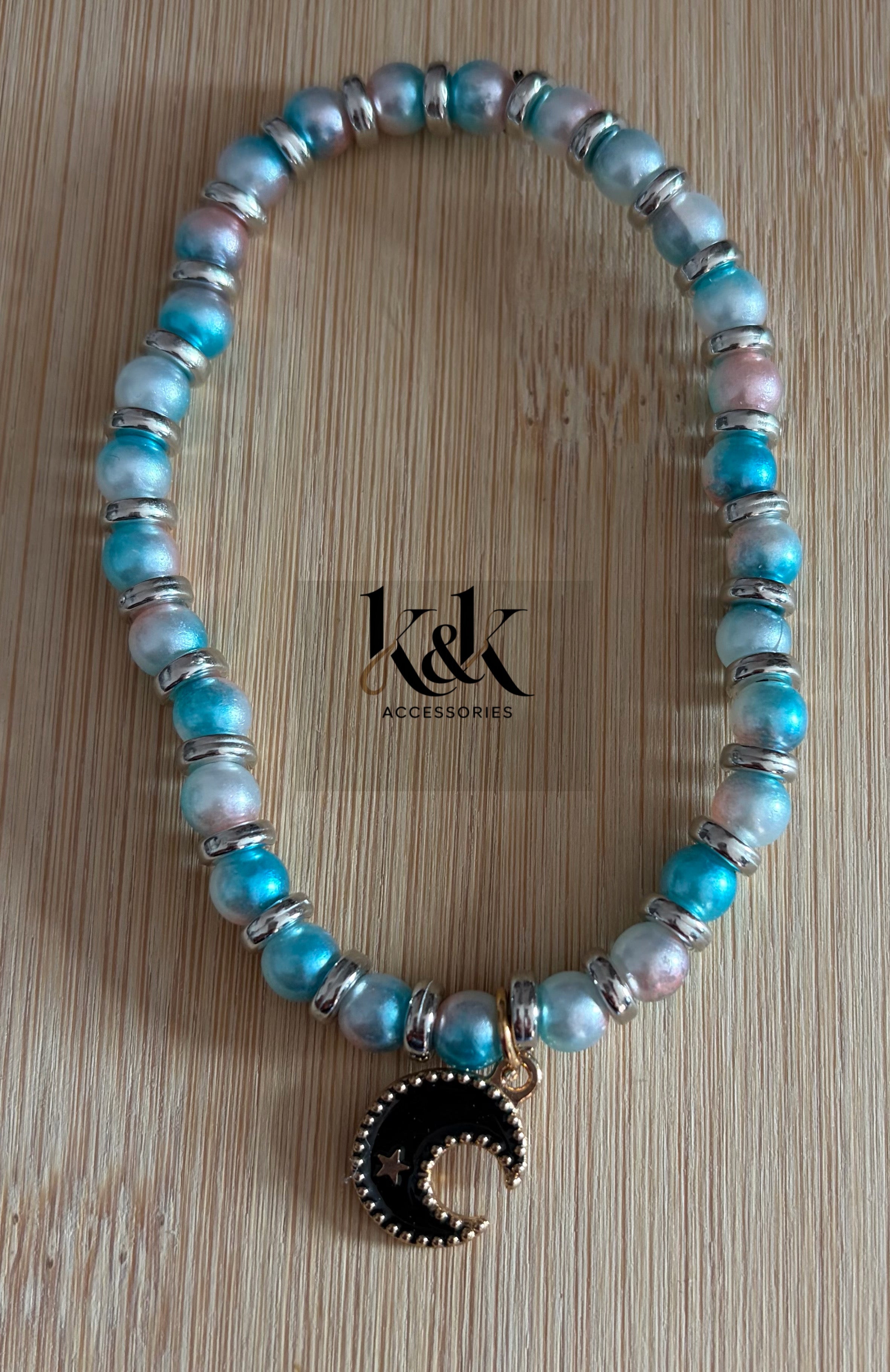 Turquoise & Pink Pearl Bracelet with Charm