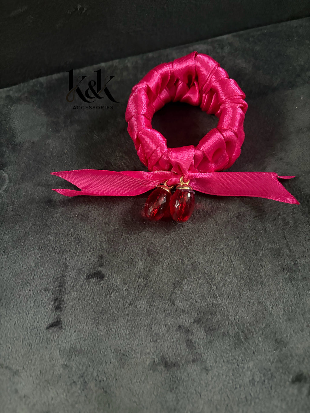 Handmade satin ribbon hairband with beaded detail - Hot Pink