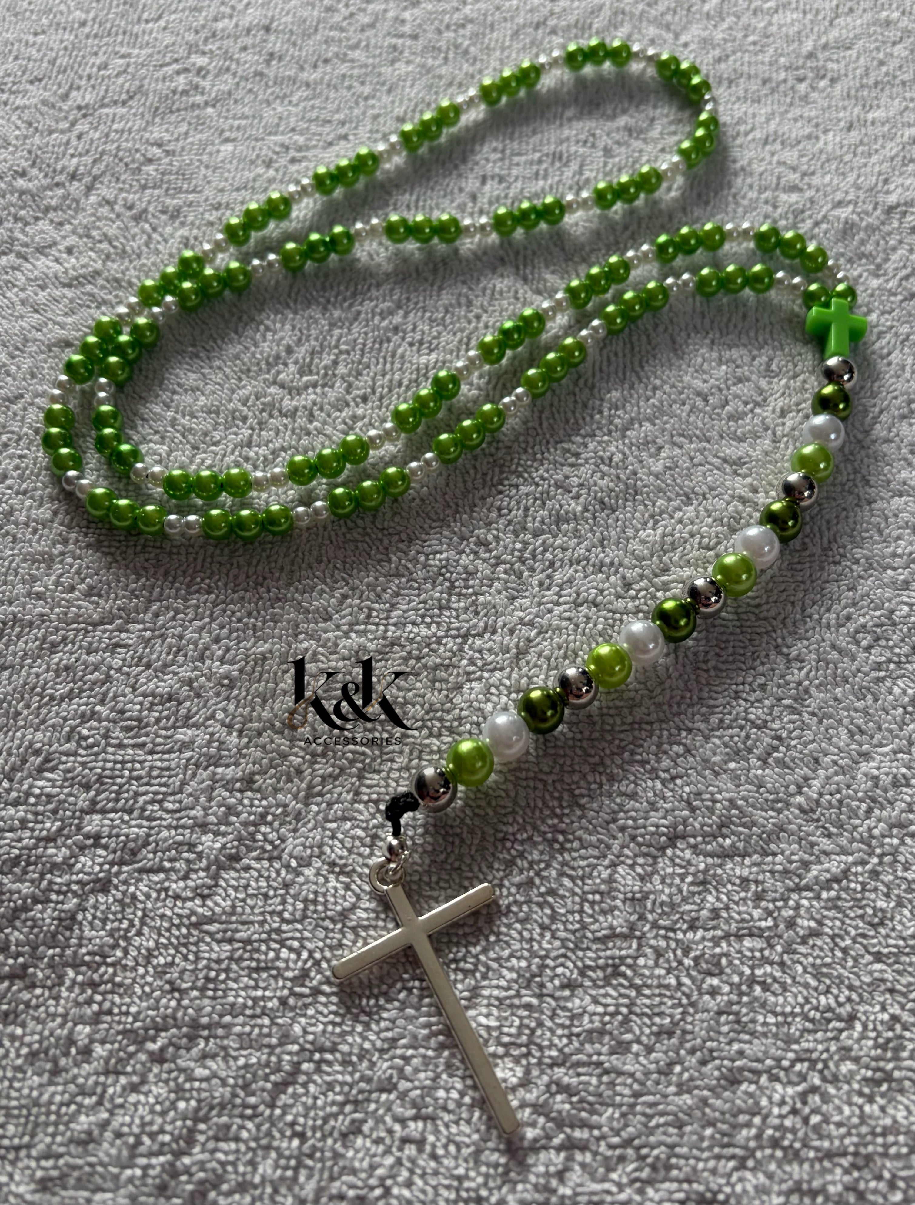 Green & White Rosary Beads with Silver Cross