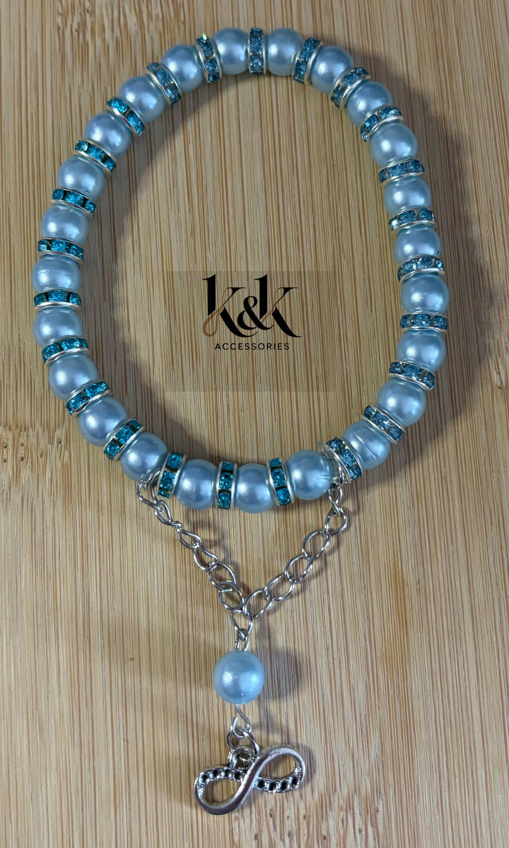 Pearl & Turquoise Rhinestone Bracelet with Charm