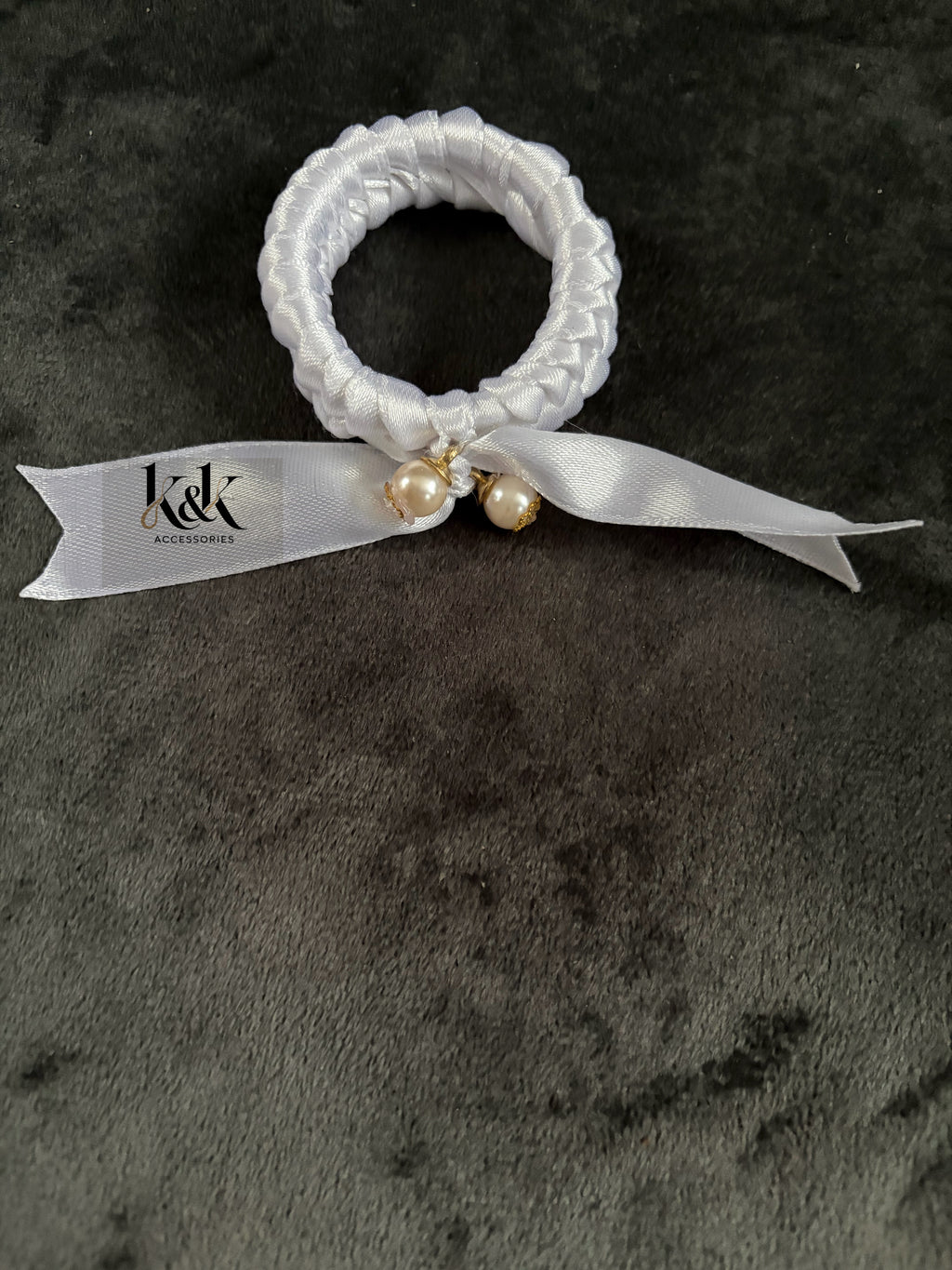 Handmade satin ribbon hairband with pearl beaded detail - White