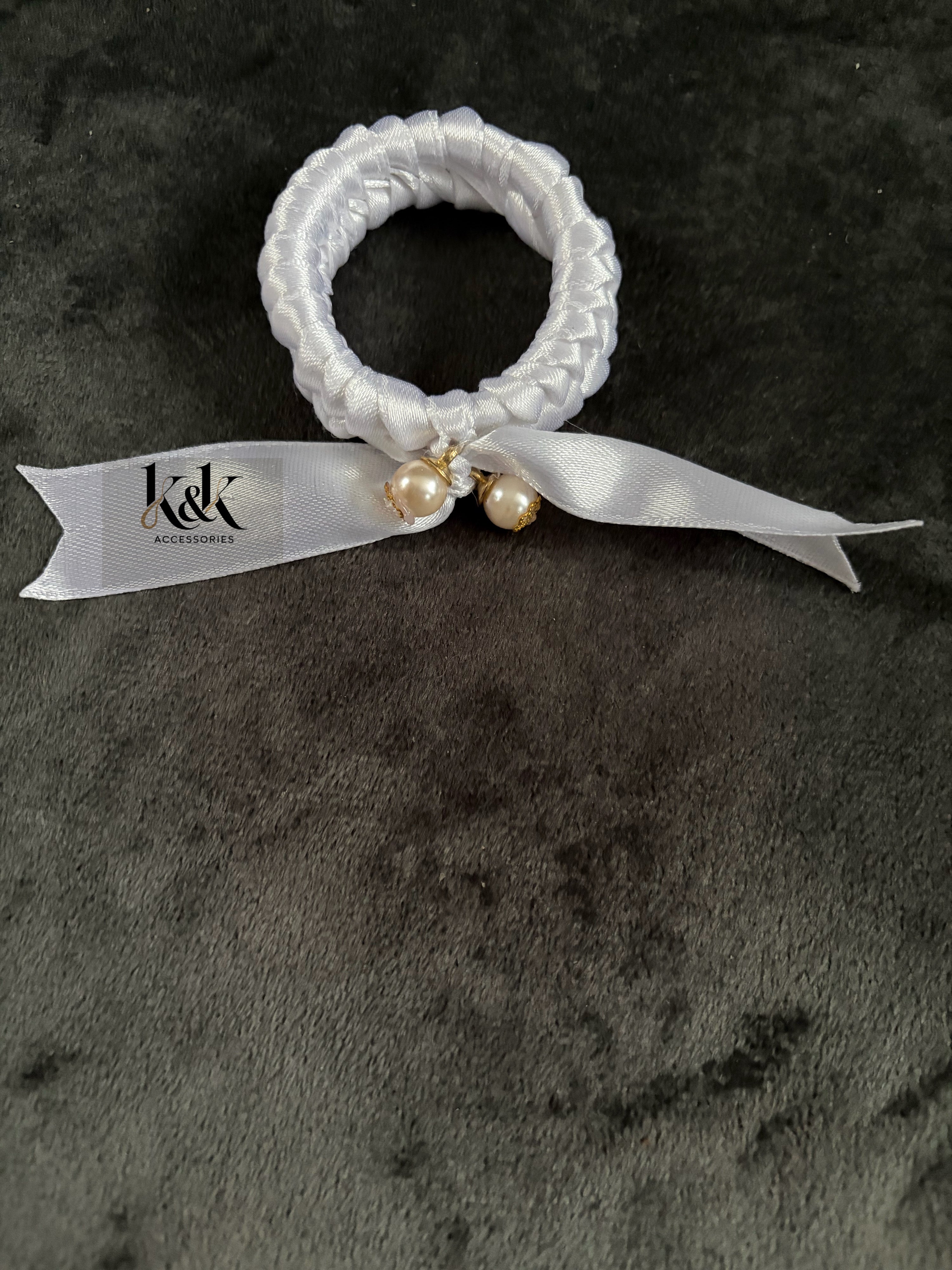 Handmade satin ribbon hairband with pearl beaded detail - White