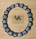 Clear Crackle Glass Bracelet with Blue & Purple Hints and Black Spacers