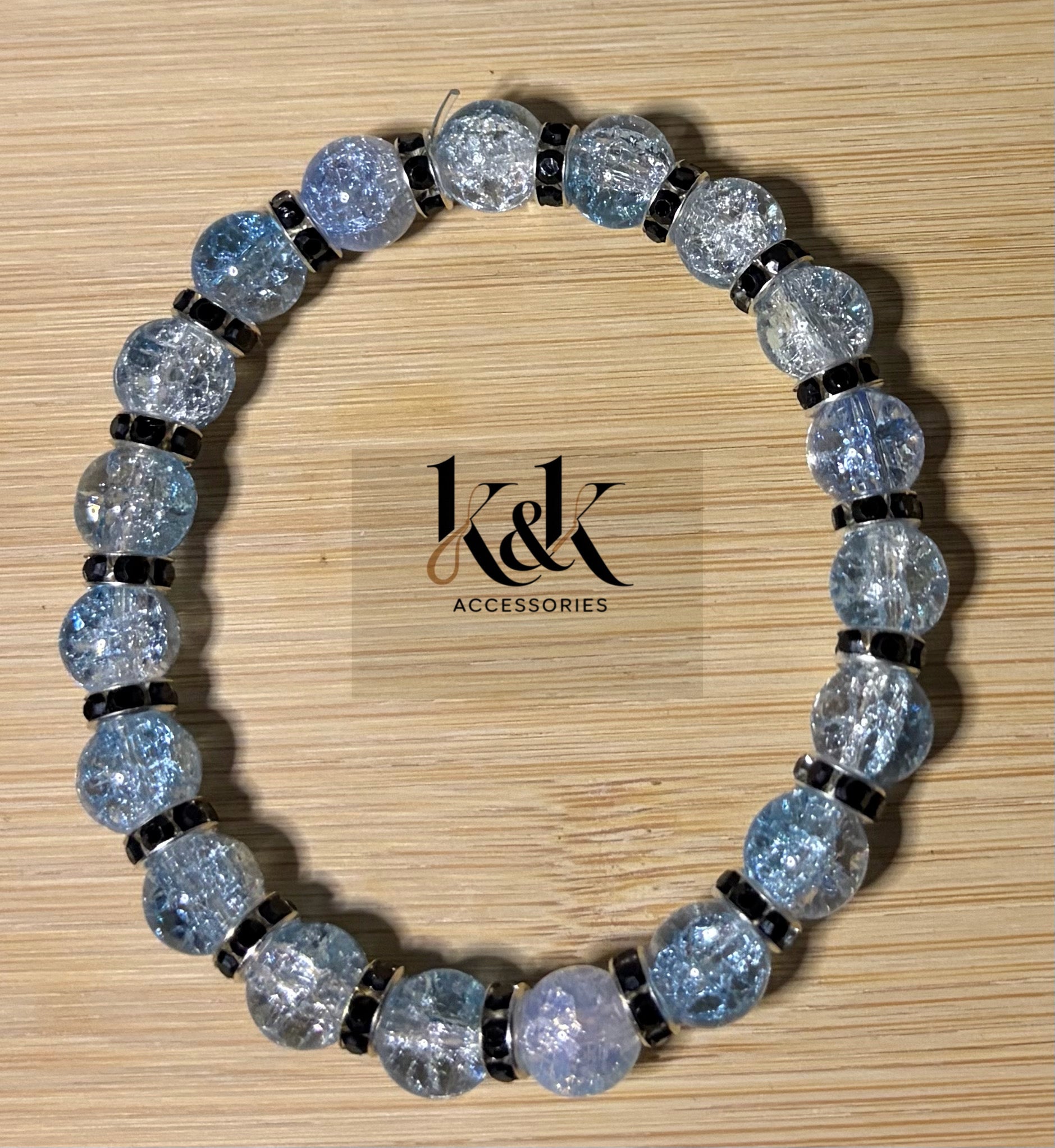 Clear Crackle Glass Bracelet with Blue & Purple Hints and Black Spacers