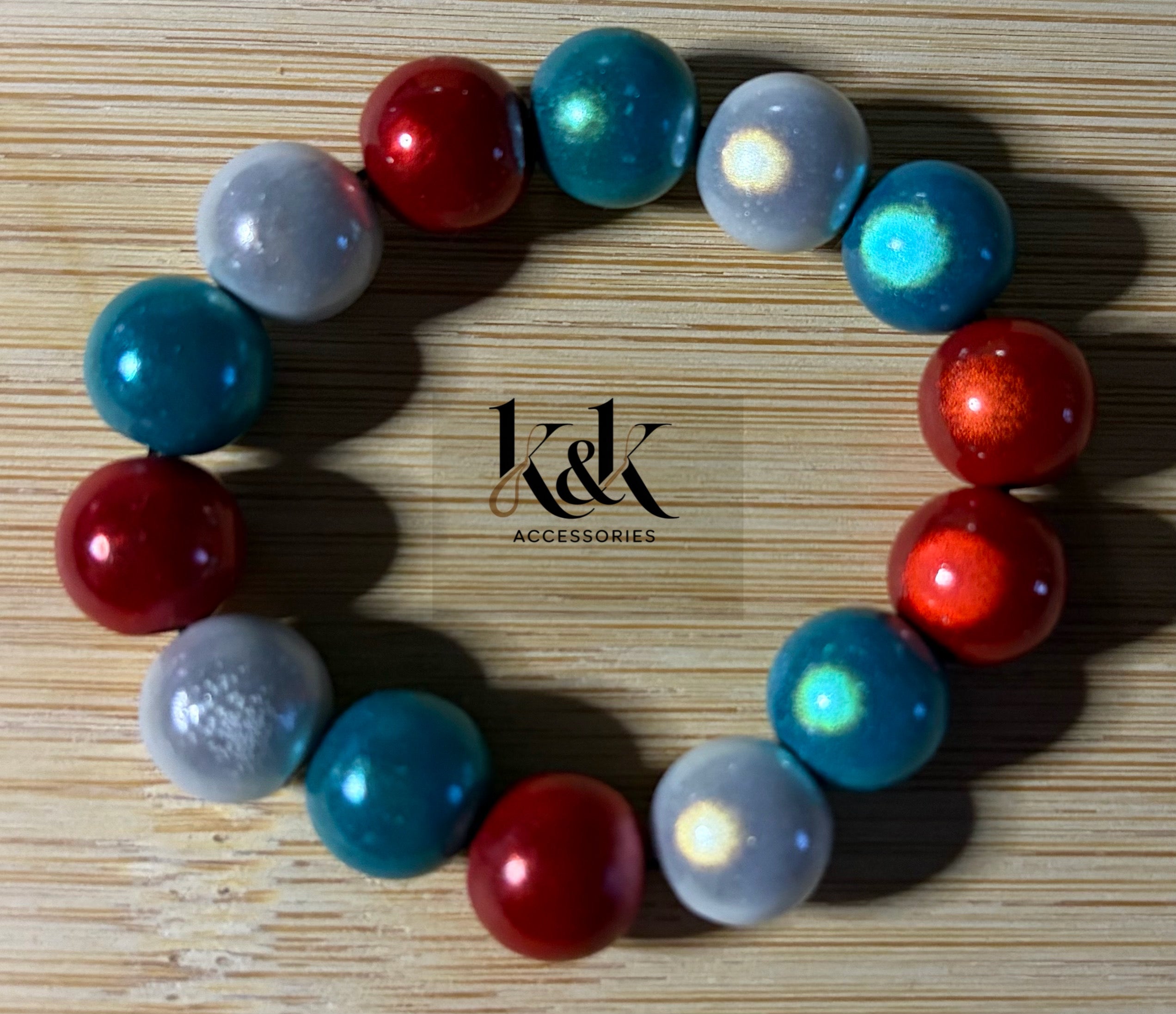 Red, Teal & Grey Large Bead Bracelet