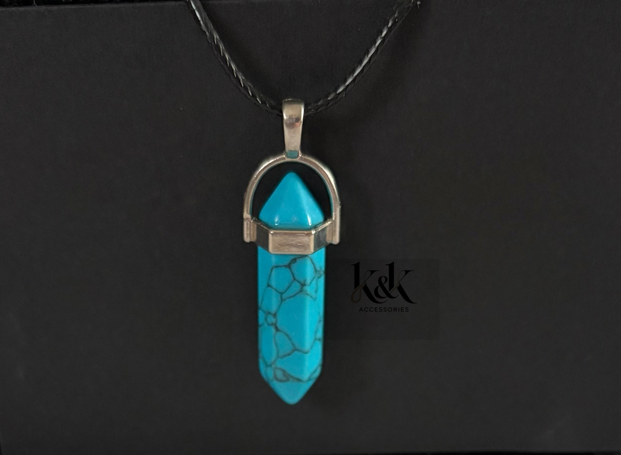 Turquoise Crystal Pendant Necklace on Black Cord