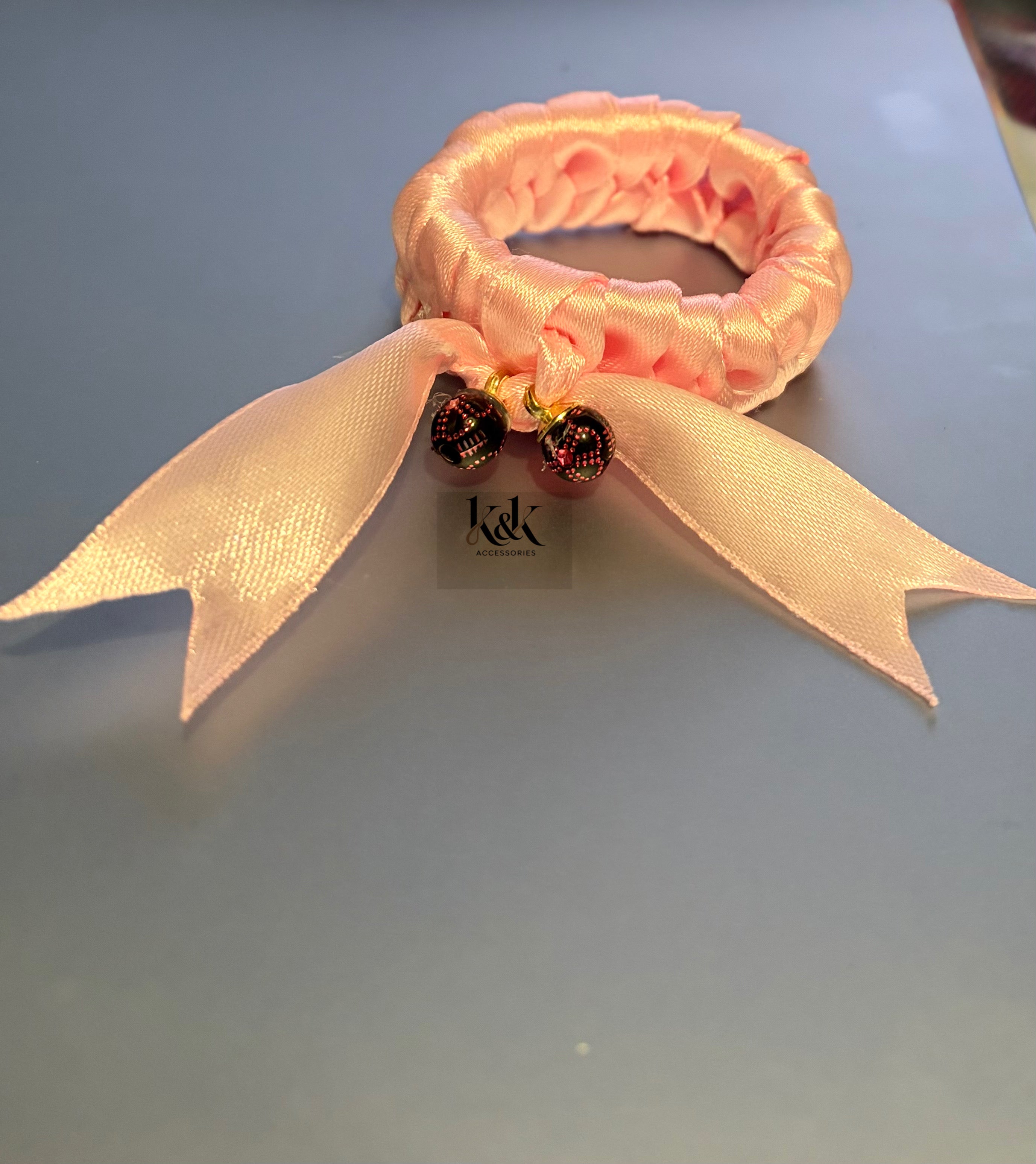 Handmade satin ribbon hairband with beaded detail - Light Pink