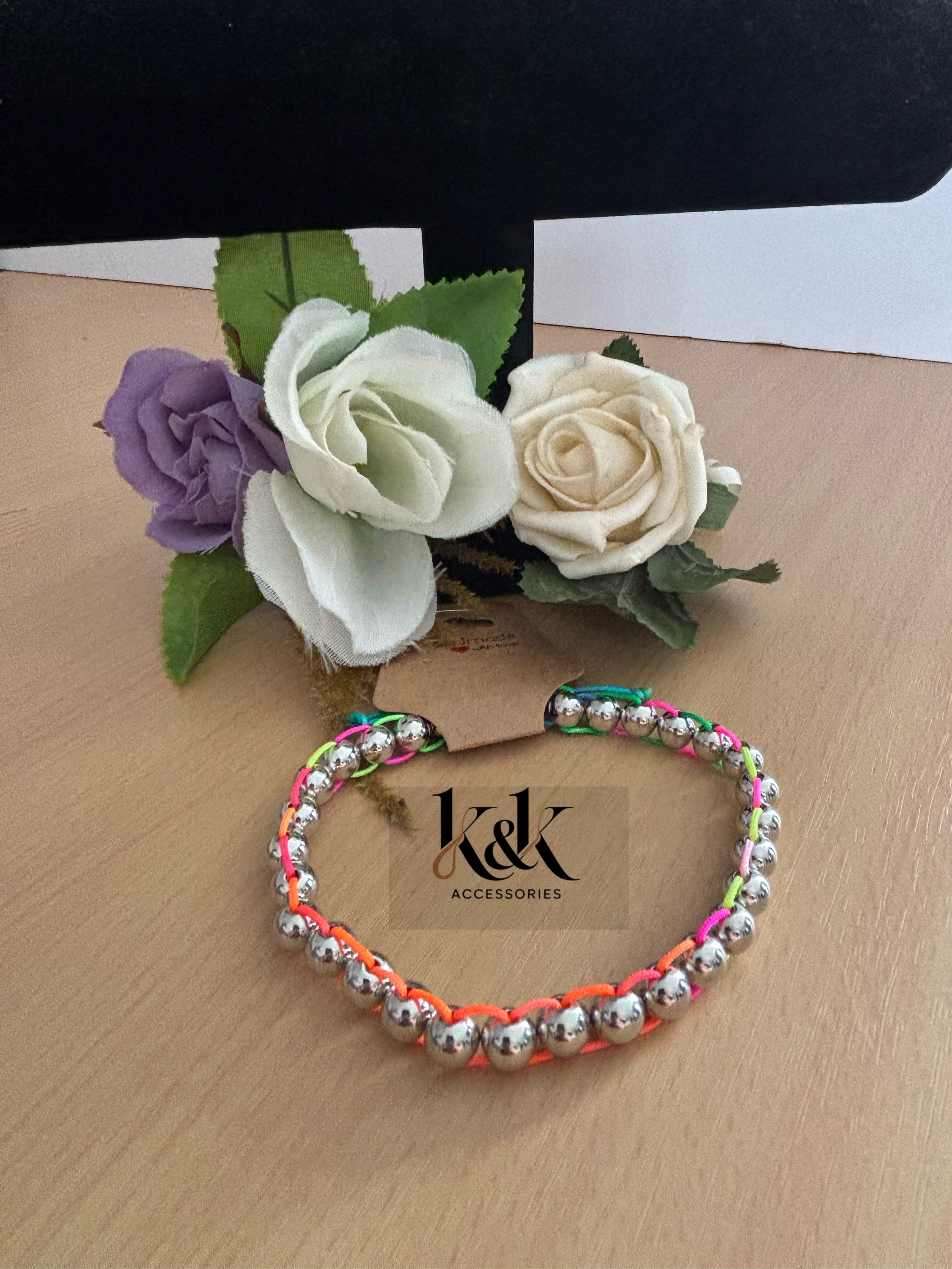 Silver Ball Neon Rainbow Beaded Bracelet