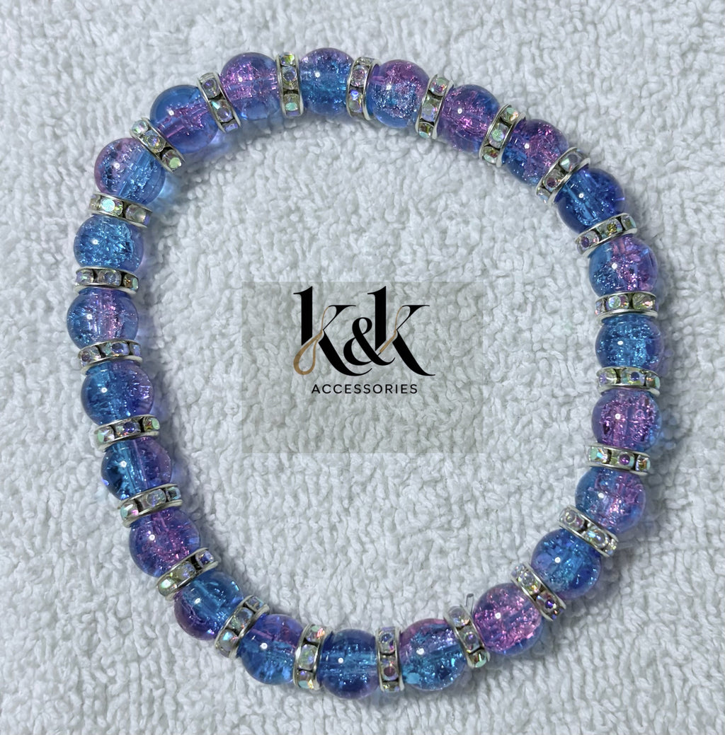 Blue & Purple Crackle Glass Bracelet with Rhinestone Spacers - Elastic Beaded Jewellery