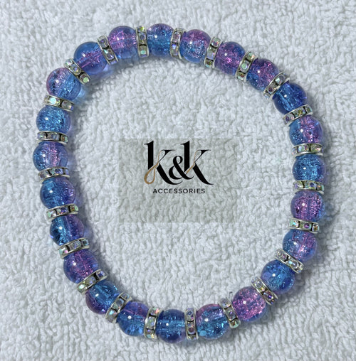 Blue & Purple Crackle Glass Bracelet with Rhinestone Spacers - Elastic Beaded Jewellery