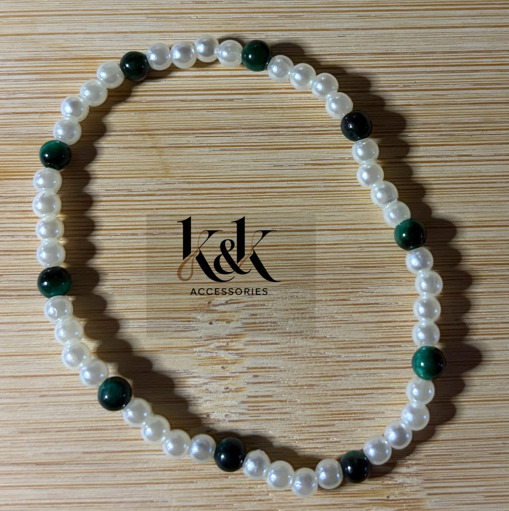 White Pearl Bracelet with Emerald Green Accents