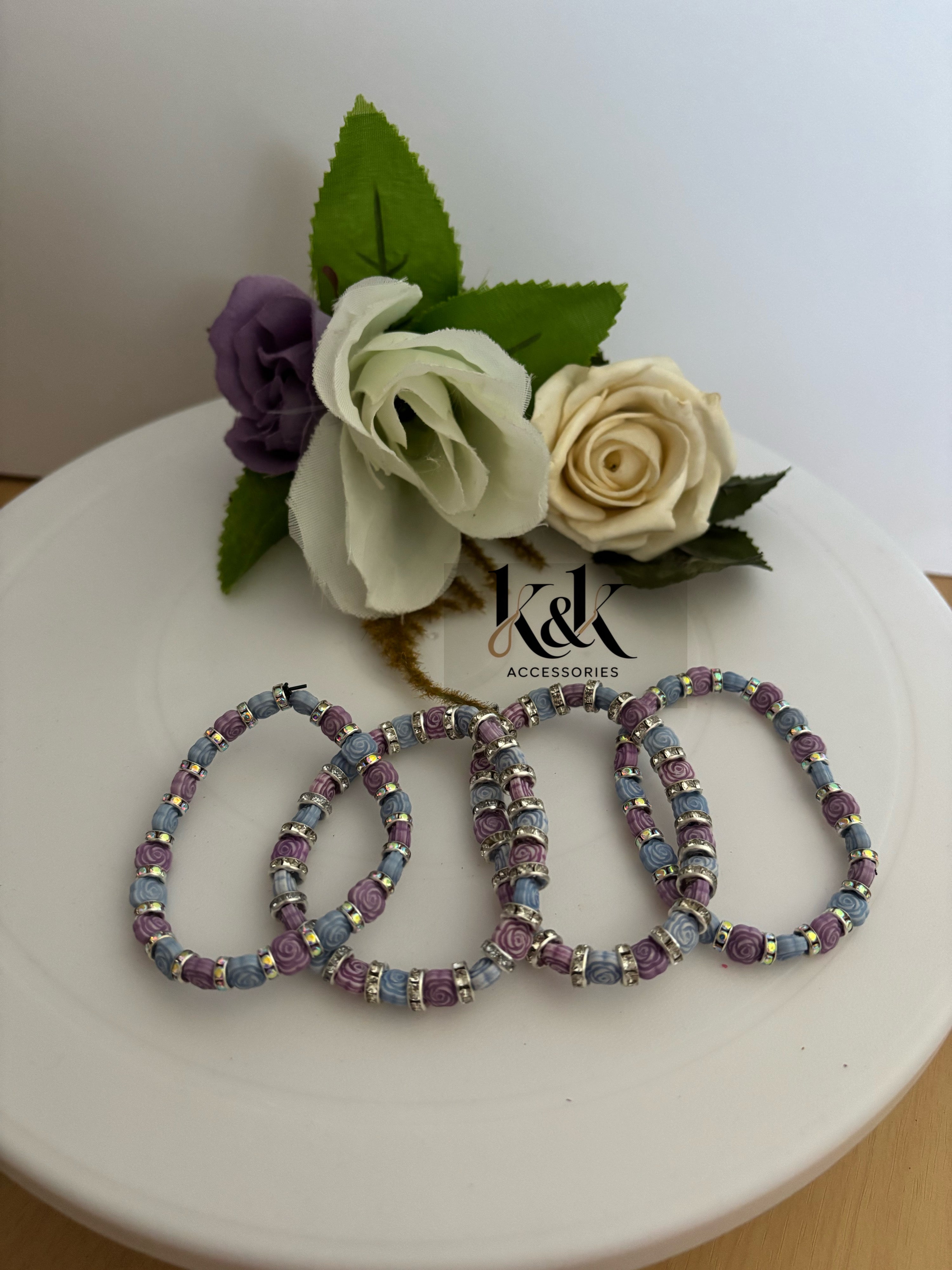 Rose Bead & Silver Rhinestone Bracelet