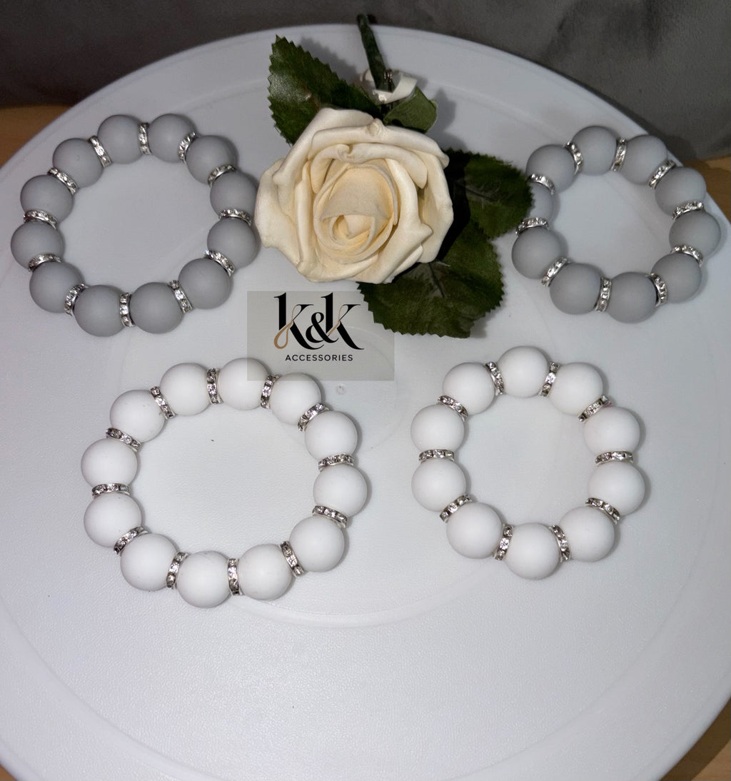 White & Grey Matte Bead Bracelet with Rhinestone Spacers