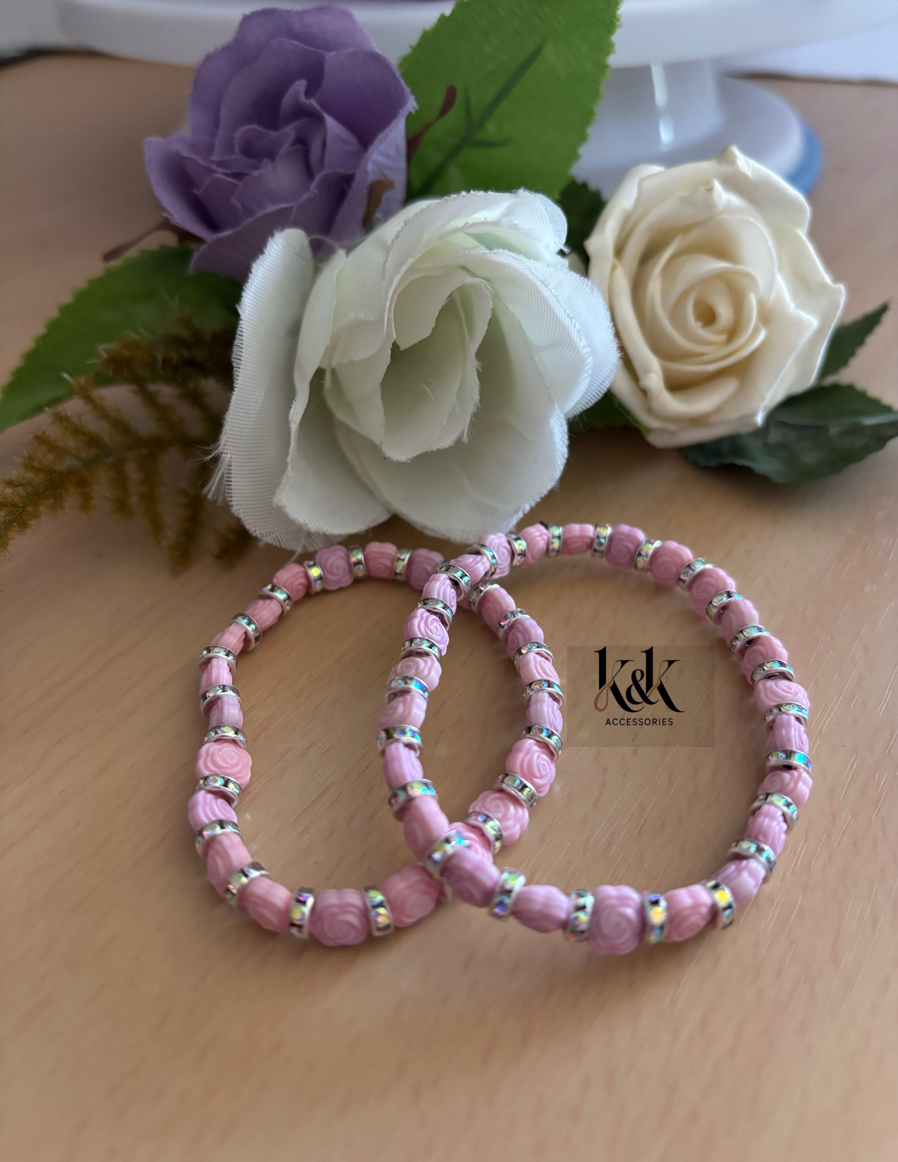 Rose Bead & Silver Rhinestone Bracelet
