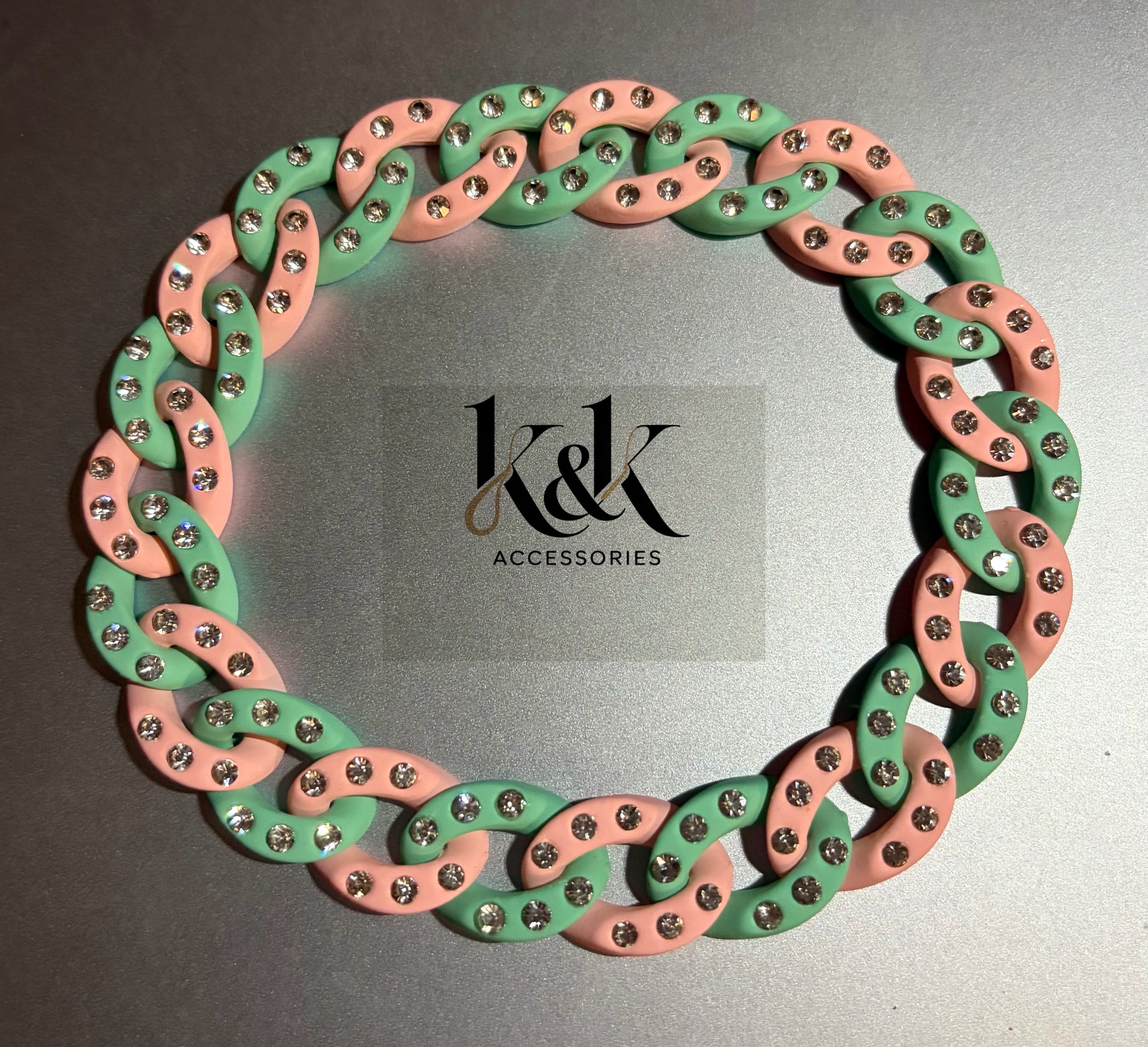 Mint Green & Peach Rhinestone Chain Link Bracelet - Adjustable Pastel Jewellery