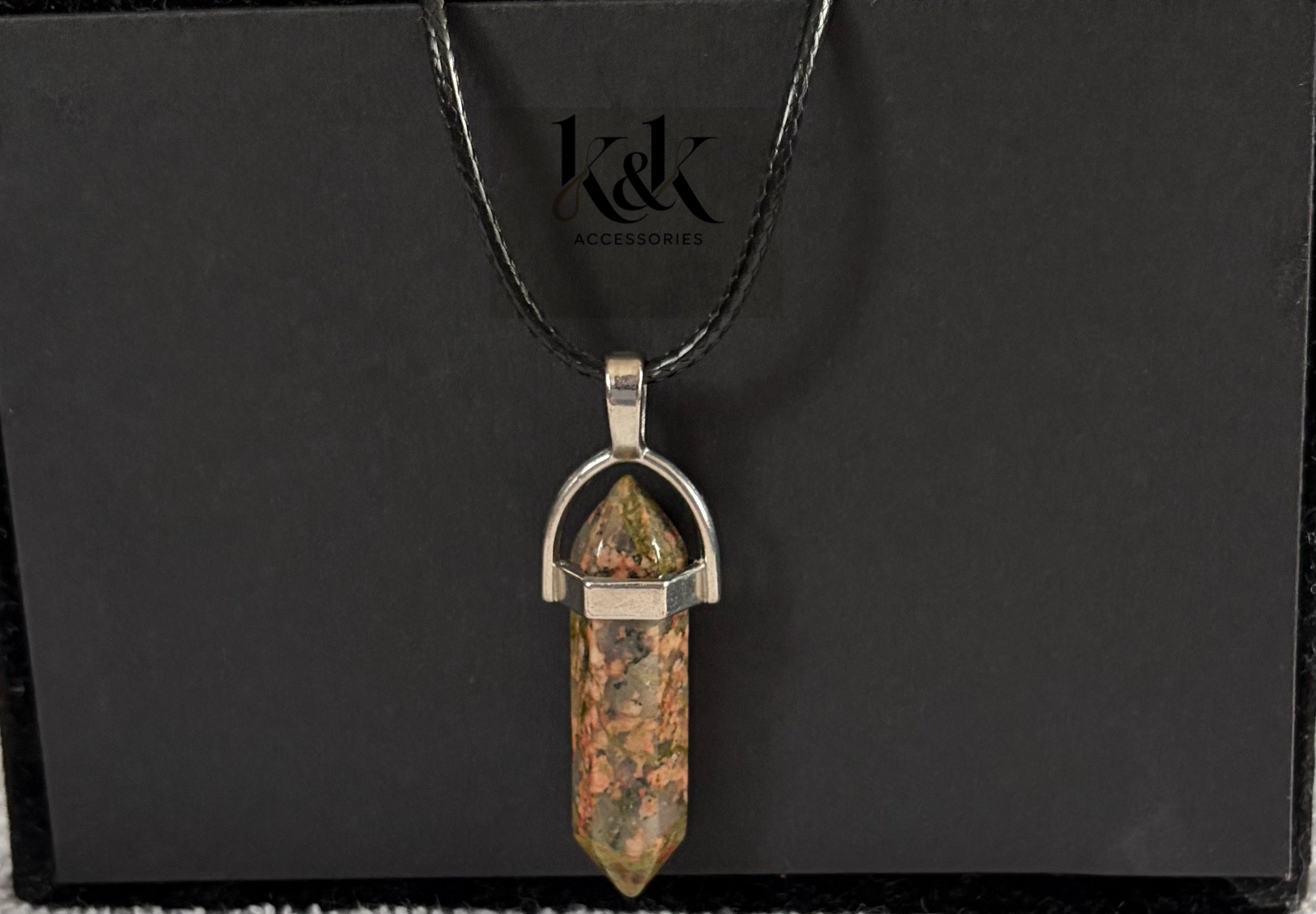 Unakite Crystal Pendant Necklace on Black Cord