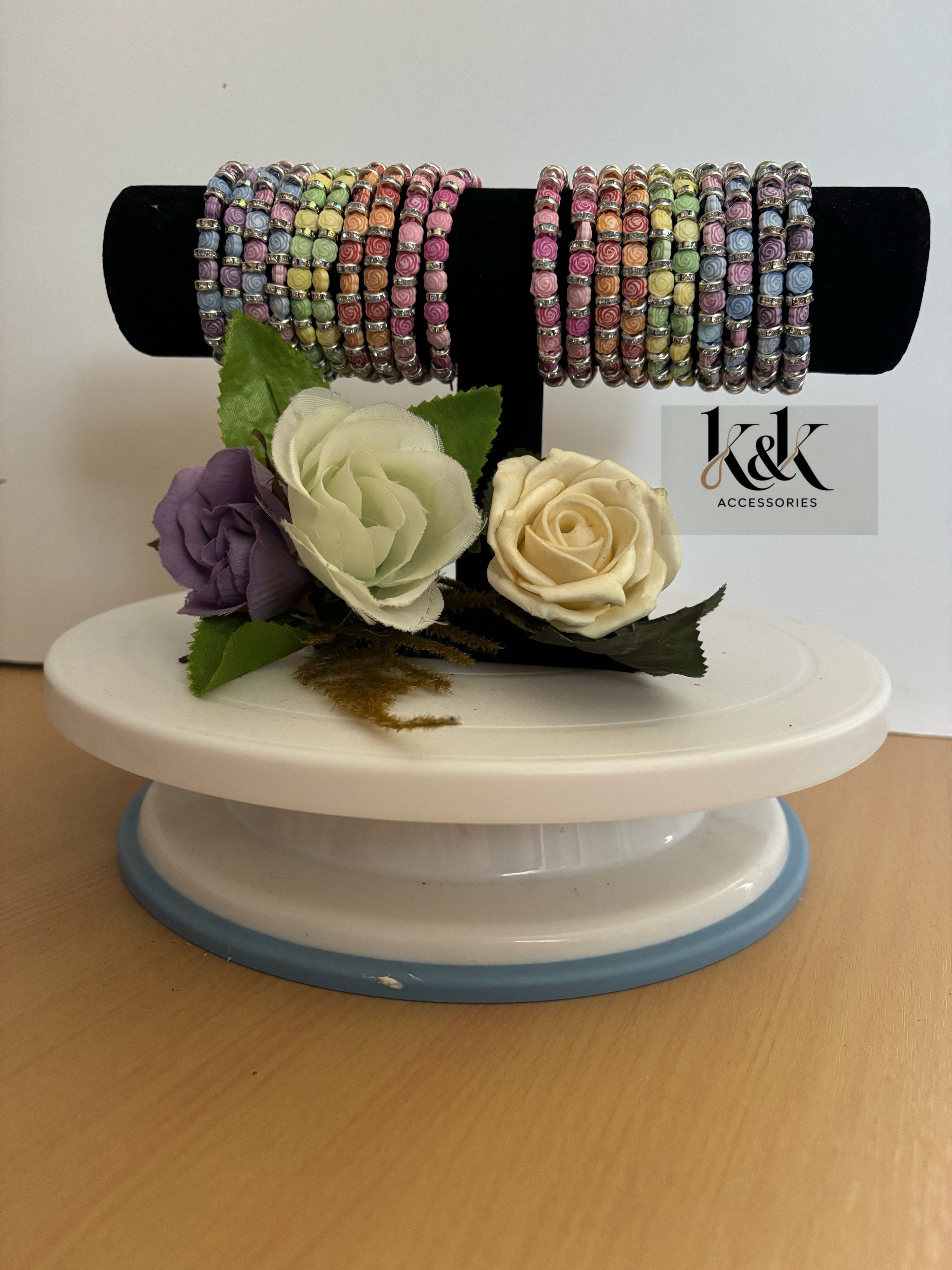 Rose Bead & Silver Rhinestone Bracelet