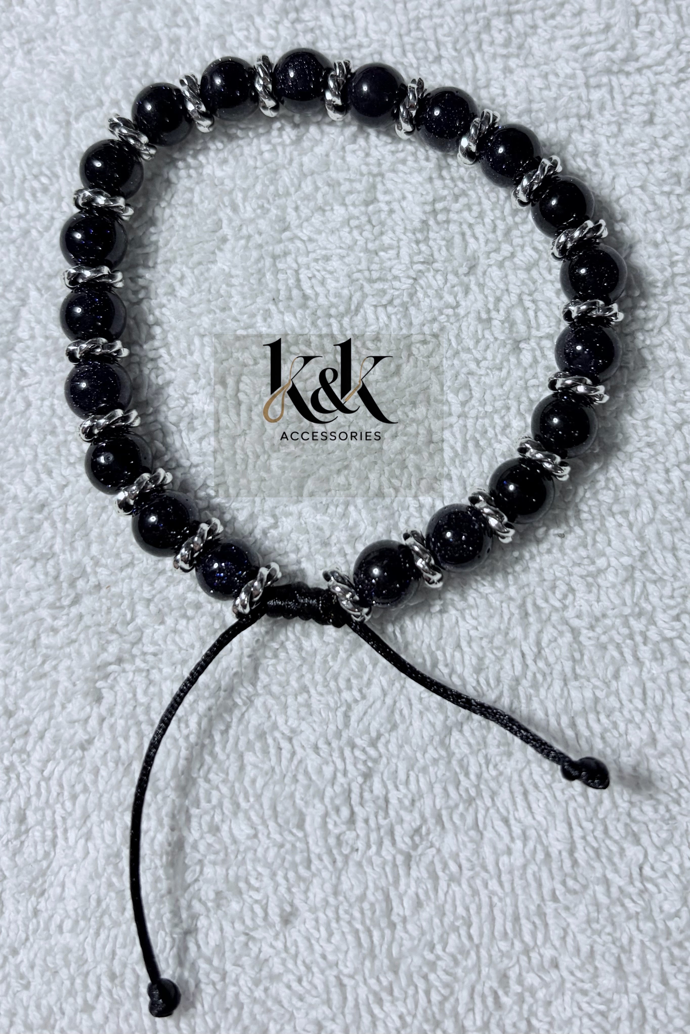 Black Sparkle Adjustable Bracelet with Silver Spacers - Handmade Beaded Jewellery