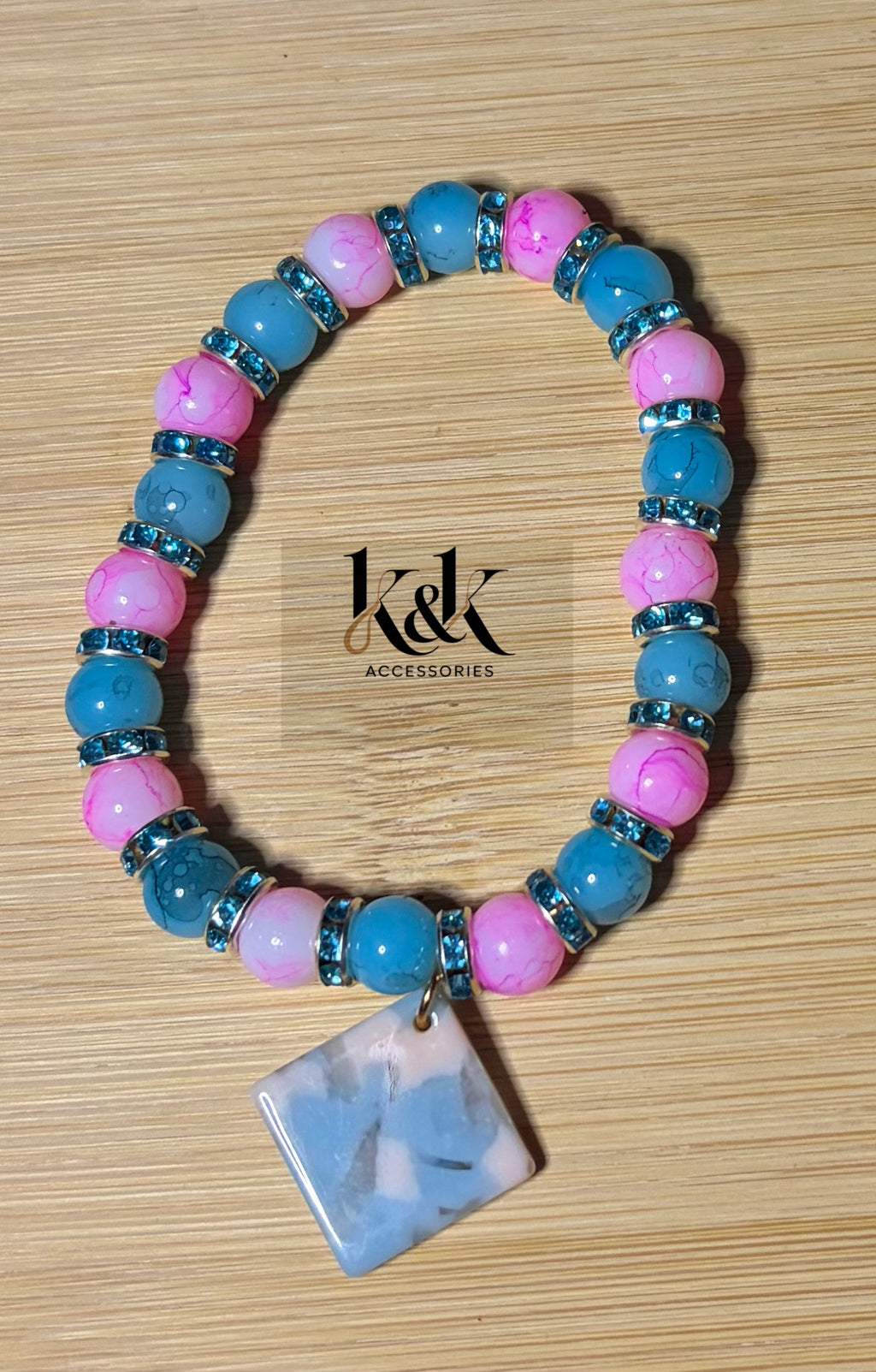 Pink & Blue Beaded Bracelet with Butterfly Charm